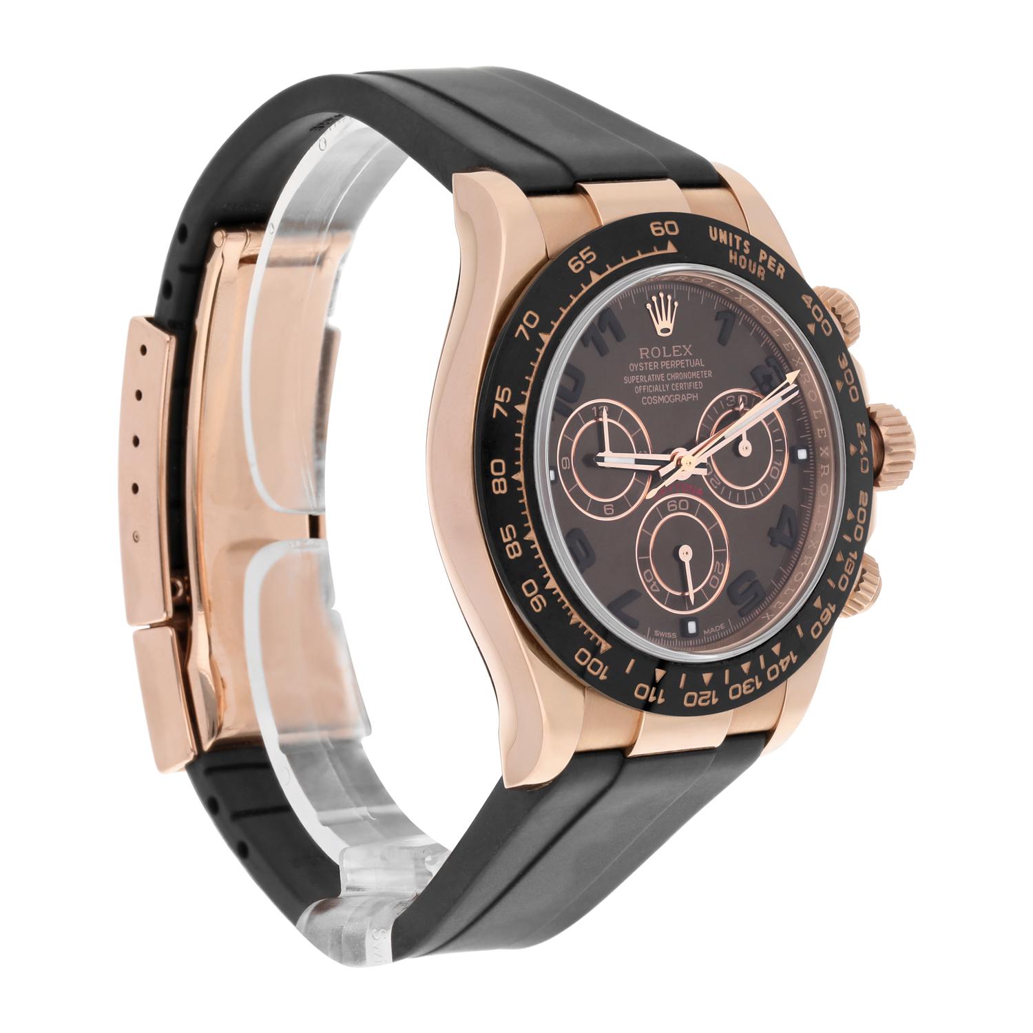Rolex Daytona 18k Roségold Schokoladenbraune 40mm Uhr mit arabischem Zifferblatt Gummiband 116515 1