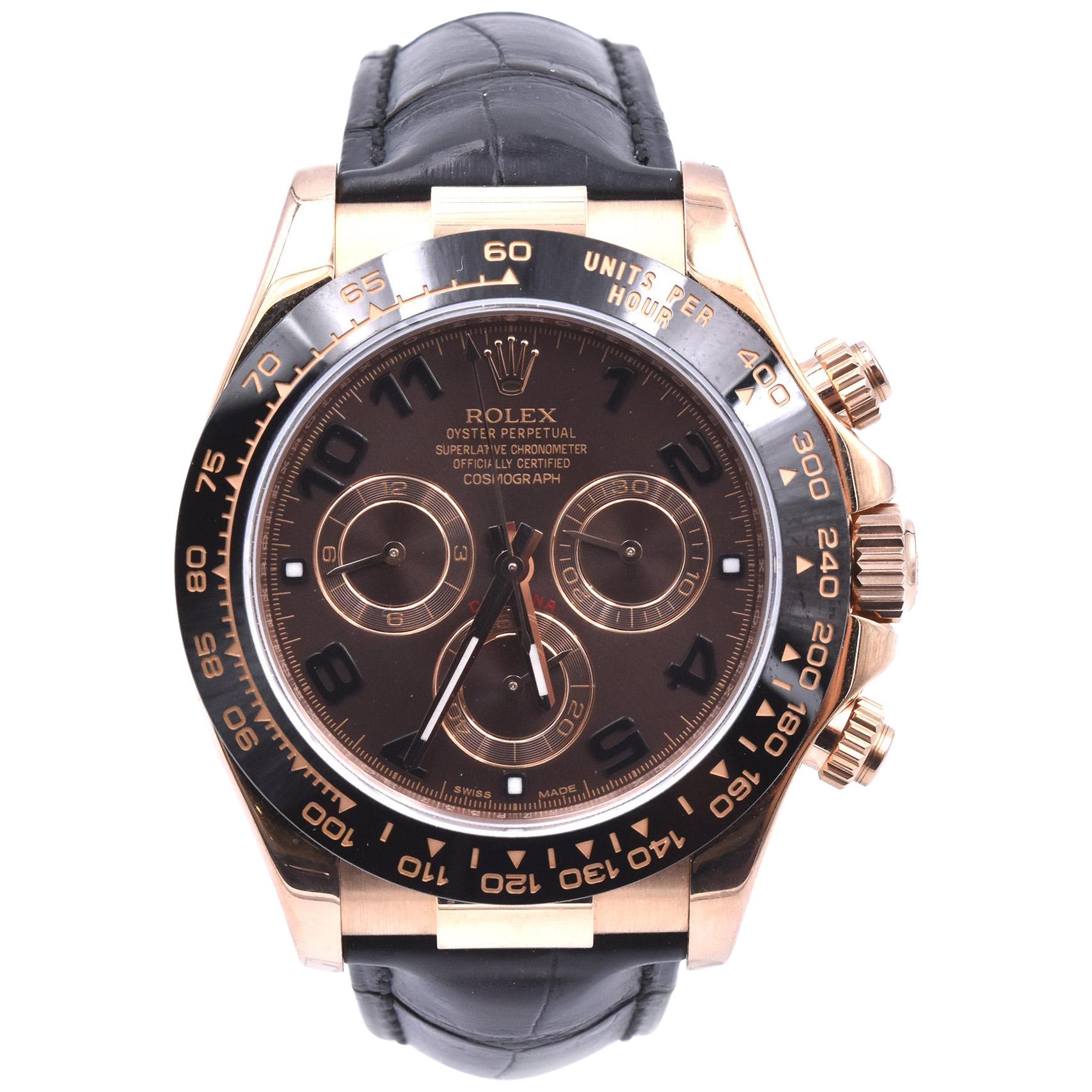 Rolex Daytona 18k Rose Gold Cosmograph Watch with Black Alligator Strap  Ref. #11 For Sale at 1stDibs | rose gold daytona leather strap