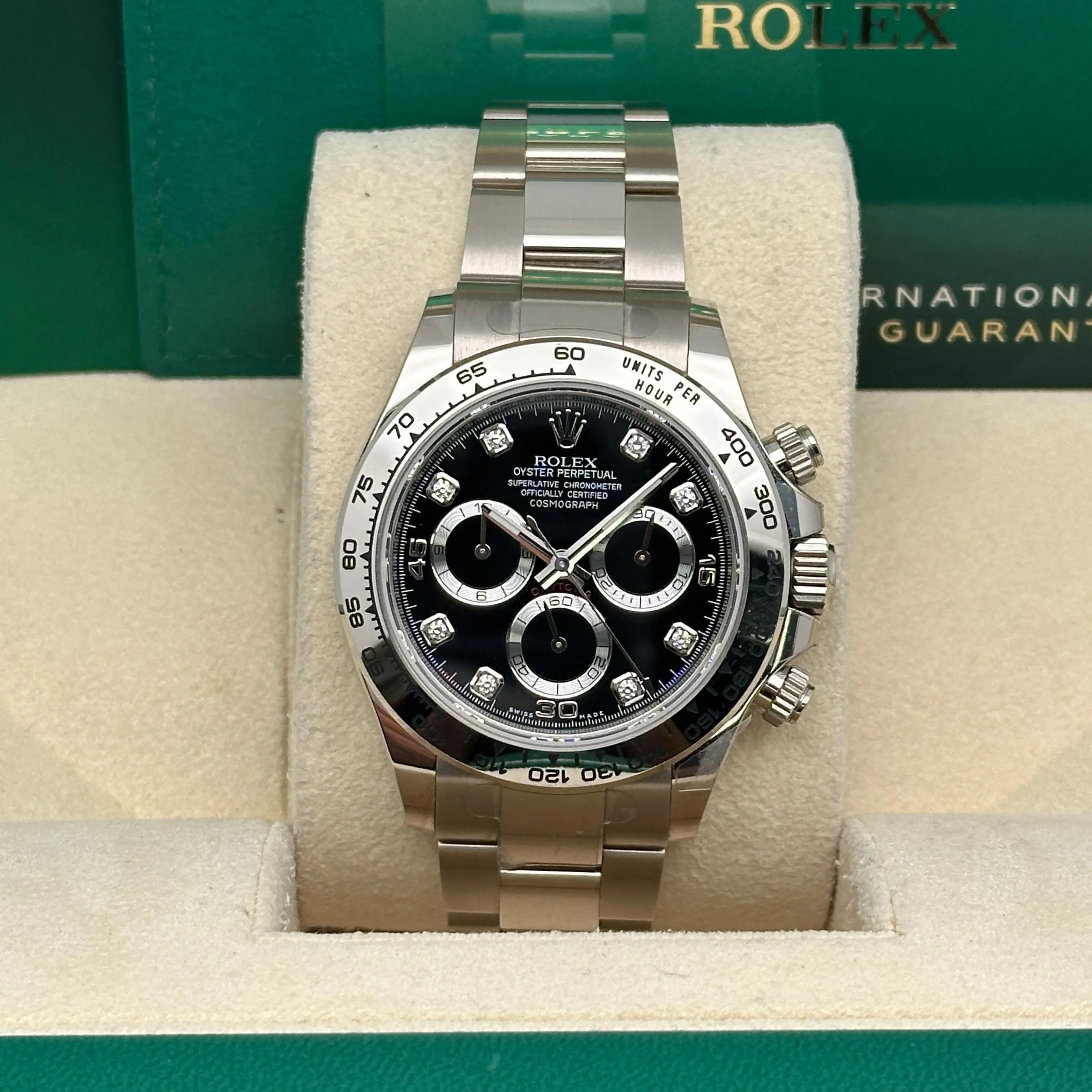 Taglio rotondo Rolex Daytona 18K White Gold Black Diamond Dial Watch 116509 in vendita