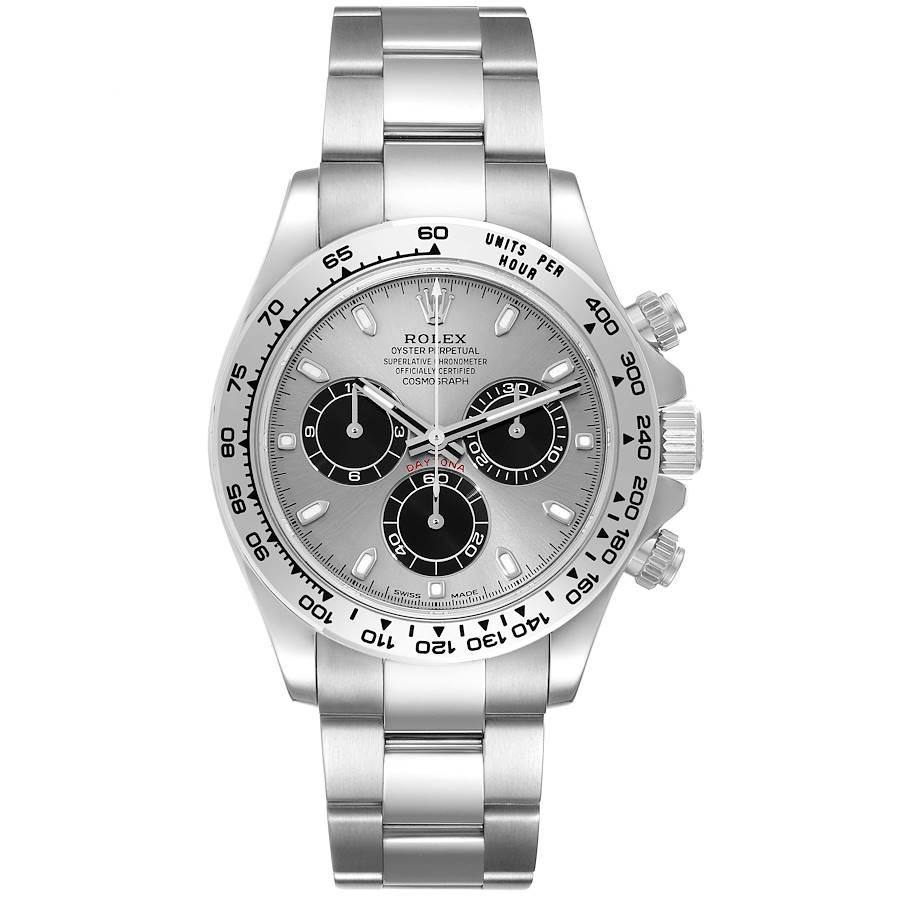 Rolex Daytona 18k White Gold Silver Dial Mens Watch 116509 Unworn. Officially certified chronometer self-winding movement. Rhodium-plated, 44 jewels, straight line lever escapement, monometallic balance adjusted to temperatures and 5 positions,