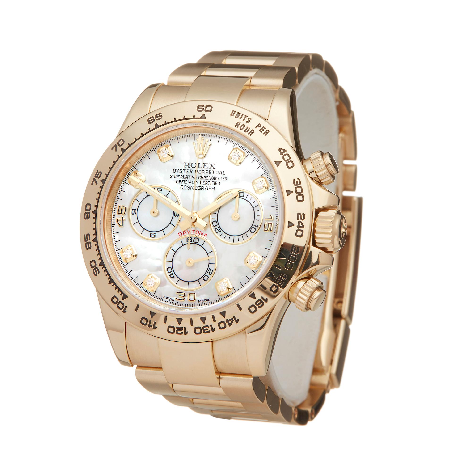 Reference: W6095
Manufacturer: Rolex
Model: Daytona
Model Reference: 116508
Age: 29th May 2018
Gender: Men's
Box and Papers: Box, Manuals and Guarantee
Dial: Mother Of Pearl Diamond
Glass: Sapphire Crystal
Movement: Automatic
Water Resistance: To