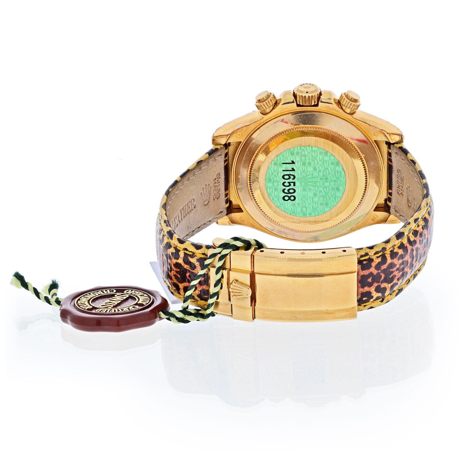 This is a special edition Rolex Leopard Daytona Cosmograph, Model 116598 - Men's or ladies automatic-winding wristwatch with 44 jewel chronometer movement. 18k yellow gold round style case (40mm diameter). Bezel set with 36 baguette Cognac