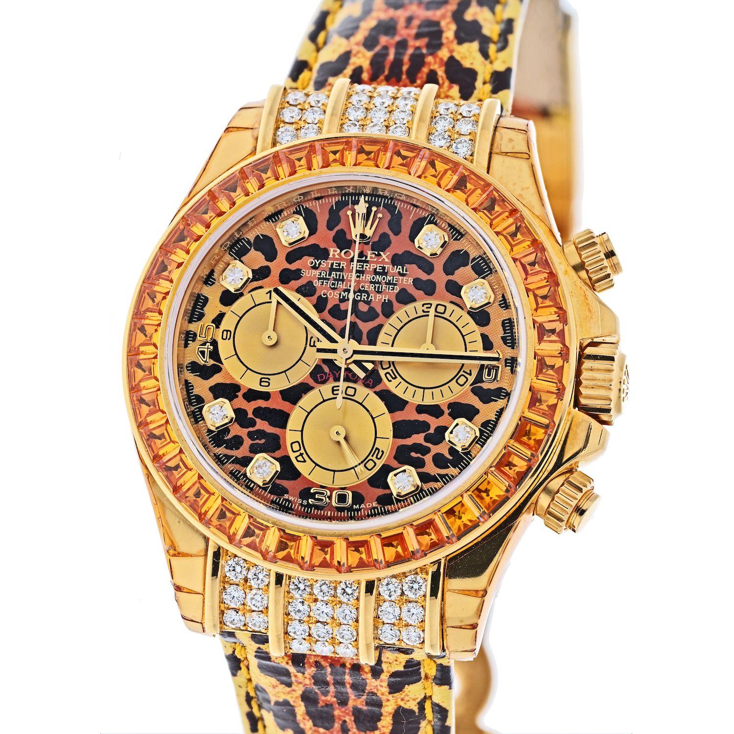 Round Cut Rolex Daytona 18K Yellow Gold 116598 Cosmograph Leopard Watch