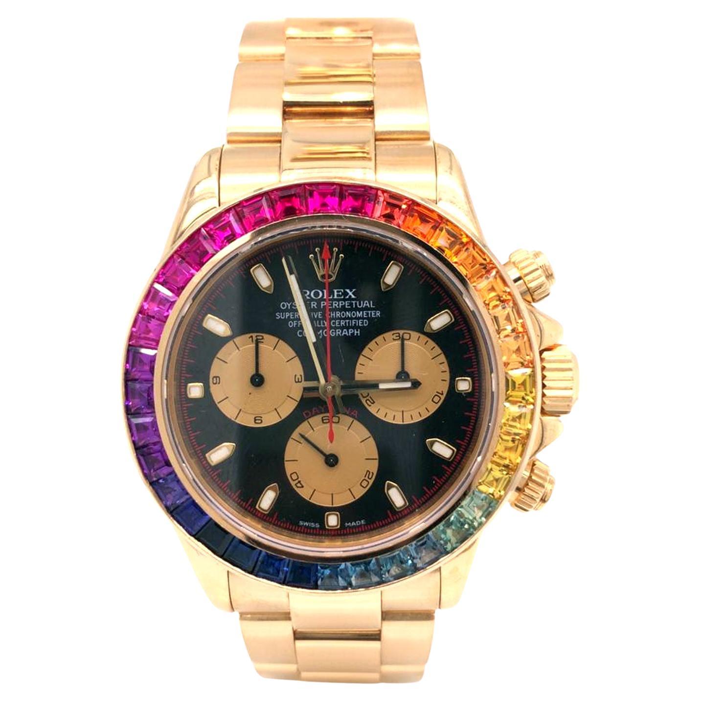 Rolex Daytona 18k Yellow Gold Black Dial Custom Rainbow Bezel Men's Watch 116528