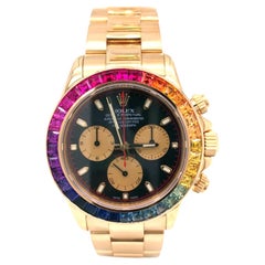 Used Rolex Daytona 18k Yellow Gold Black Dial Custom Rainbow Bezel Men's Watch 116528