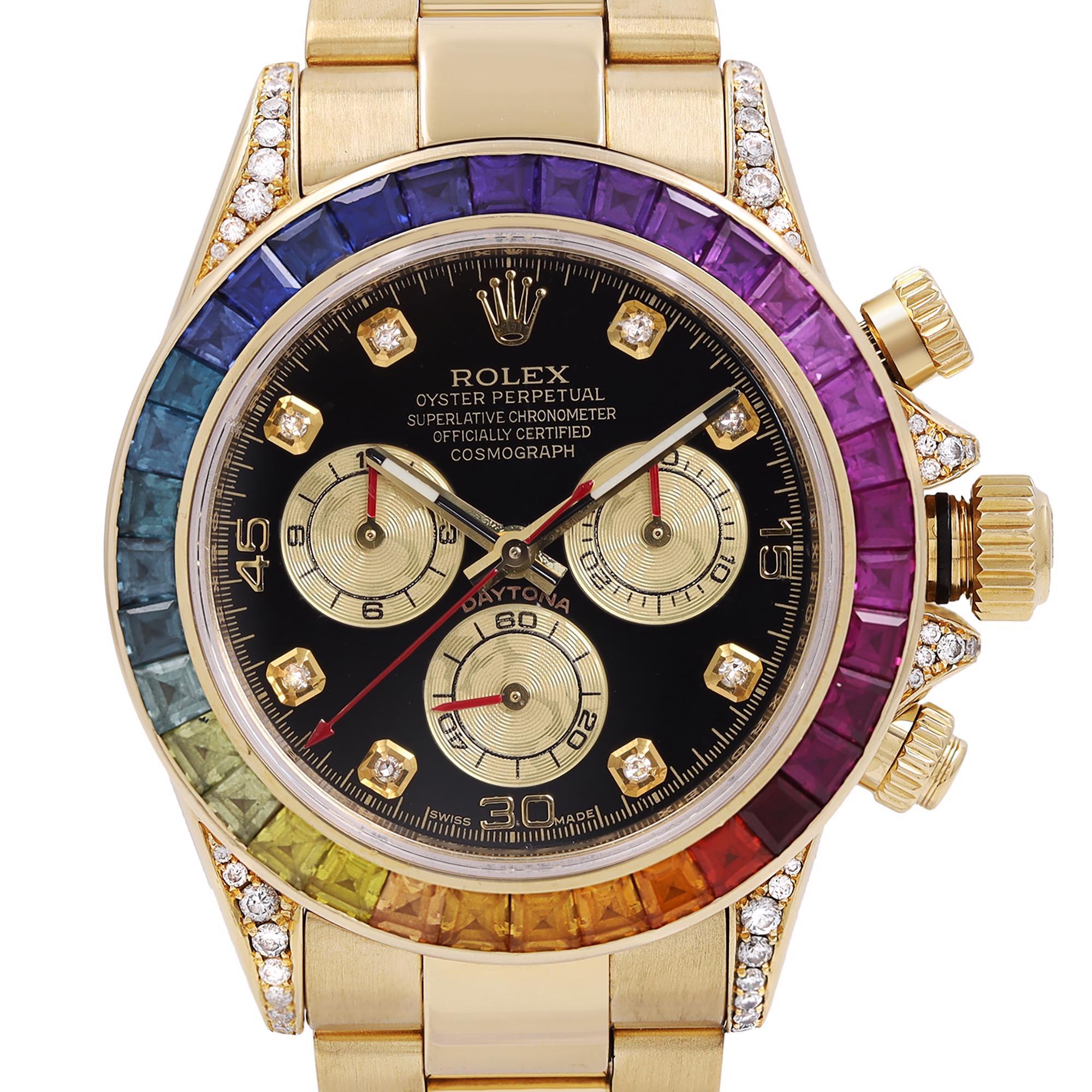 Pre-owned Rolex Daytona Yellow Gold Custom Bezel and Custom Black Diamond Dial Automatic Watch 116528. The bezel is 14k Gold. This Beautiful Timepiece is Powered by an Automatic Movement that Features: 18k Yellow Gold Case with Custom Diamond Lugs