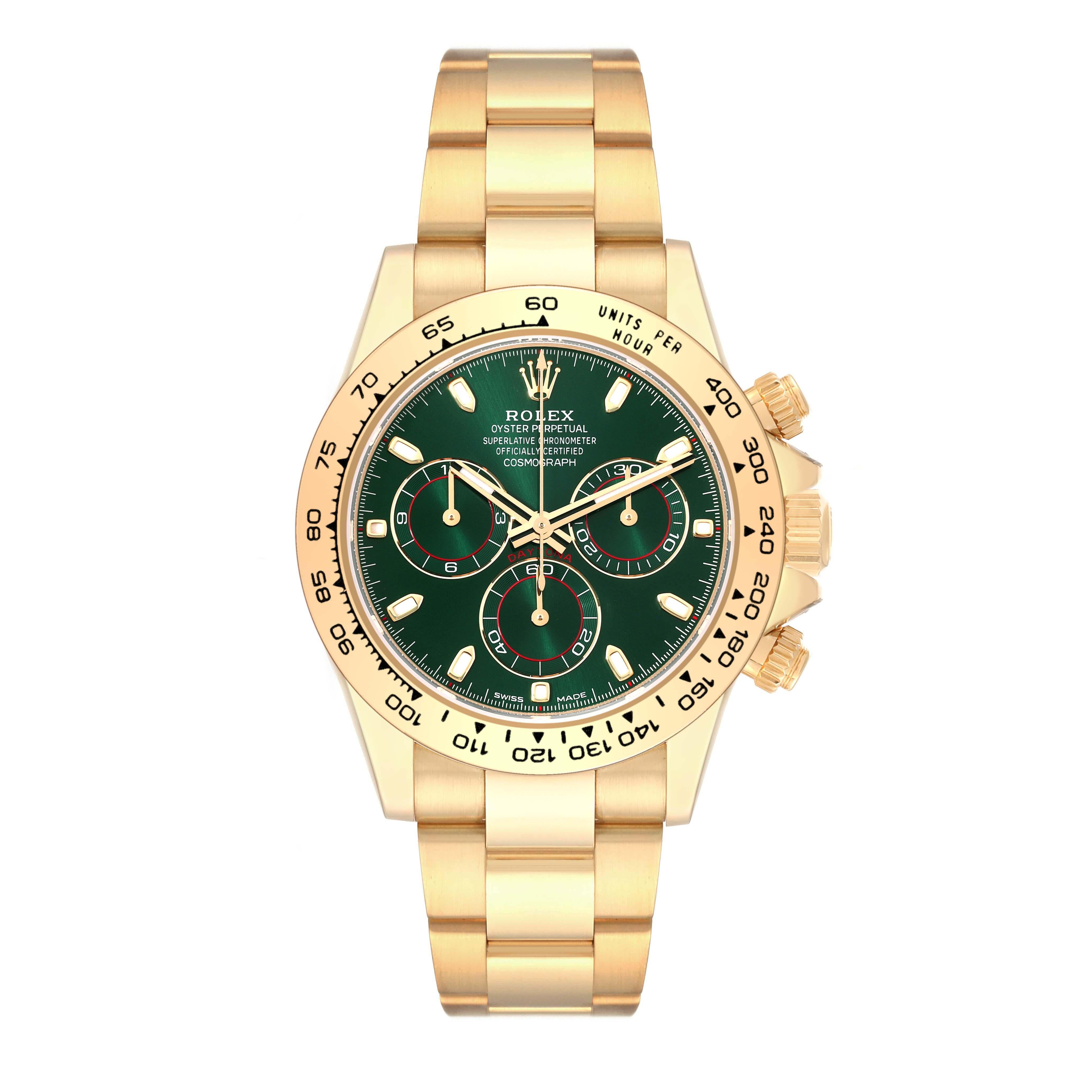 Rolex Daytona 18k Yellow Gold Green Dial Mens Watch 116508 Box Card. Officially certified chronometer self-winding movement. Rhodium-plated, 44 jewels, straight line lever escapement, monometallic balance adjusted to temperatures and 5 positions,