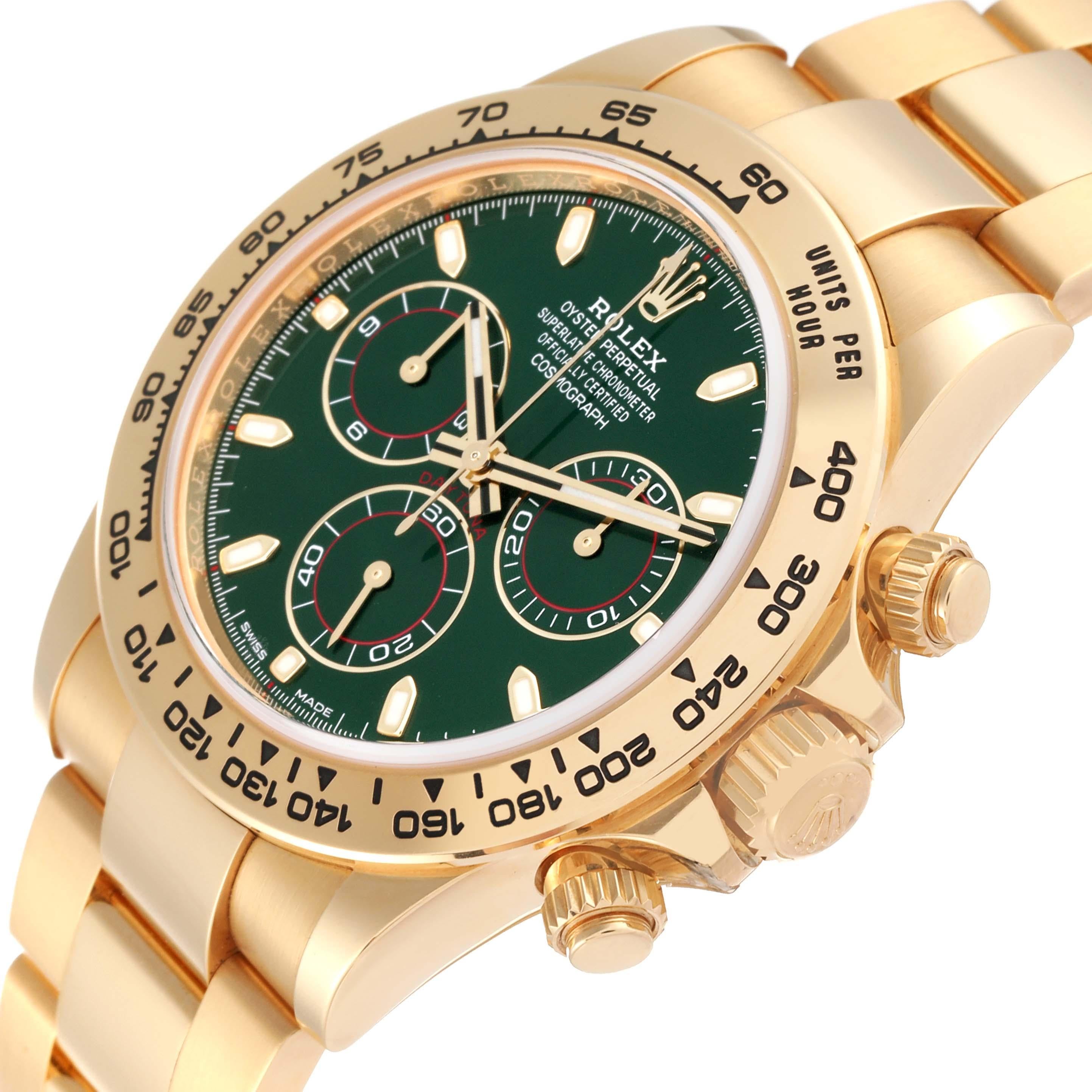 Rolex Daytona 18k Yellow Gold Green Dial Mens Watch 116508 Box Card In Excellent Condition For Sale In Atlanta, GA