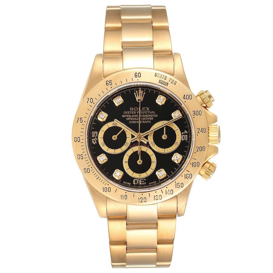 Rolex Daytona 18k Yellow Gold Inverted 6 Diamond Dial Mens Watch 16528. Officially certified chronometer self-winding movement. 18K yellow gold case 40.0 mm in diameter. Special screw-down push buttons. Triplock winding crown protected by the crown