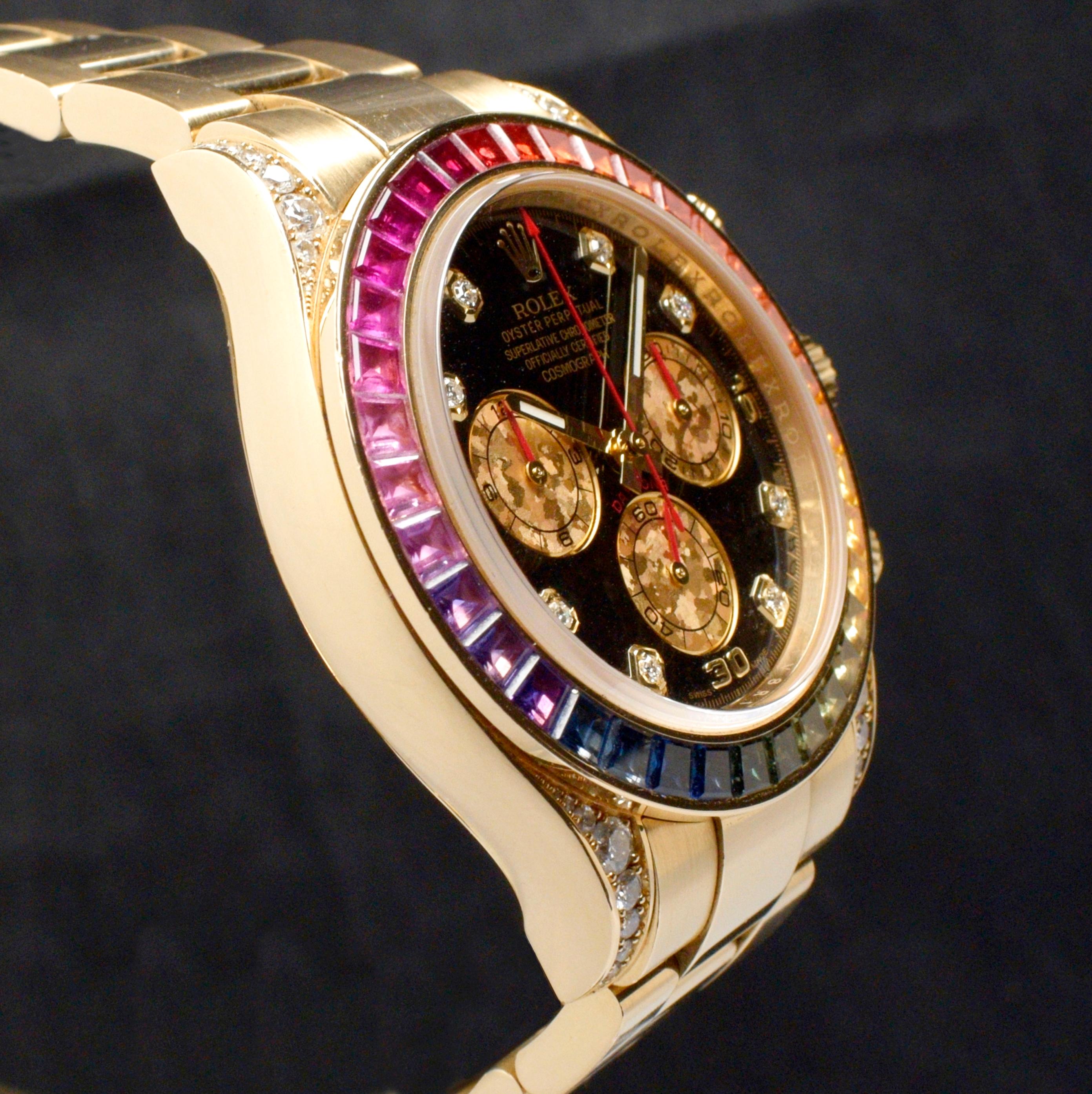 Square Cut Rolex Daytona 18K Yellow Gold Rainbow Diamond 116598RBOW Watch w/ Box Set, 2013 For Sale