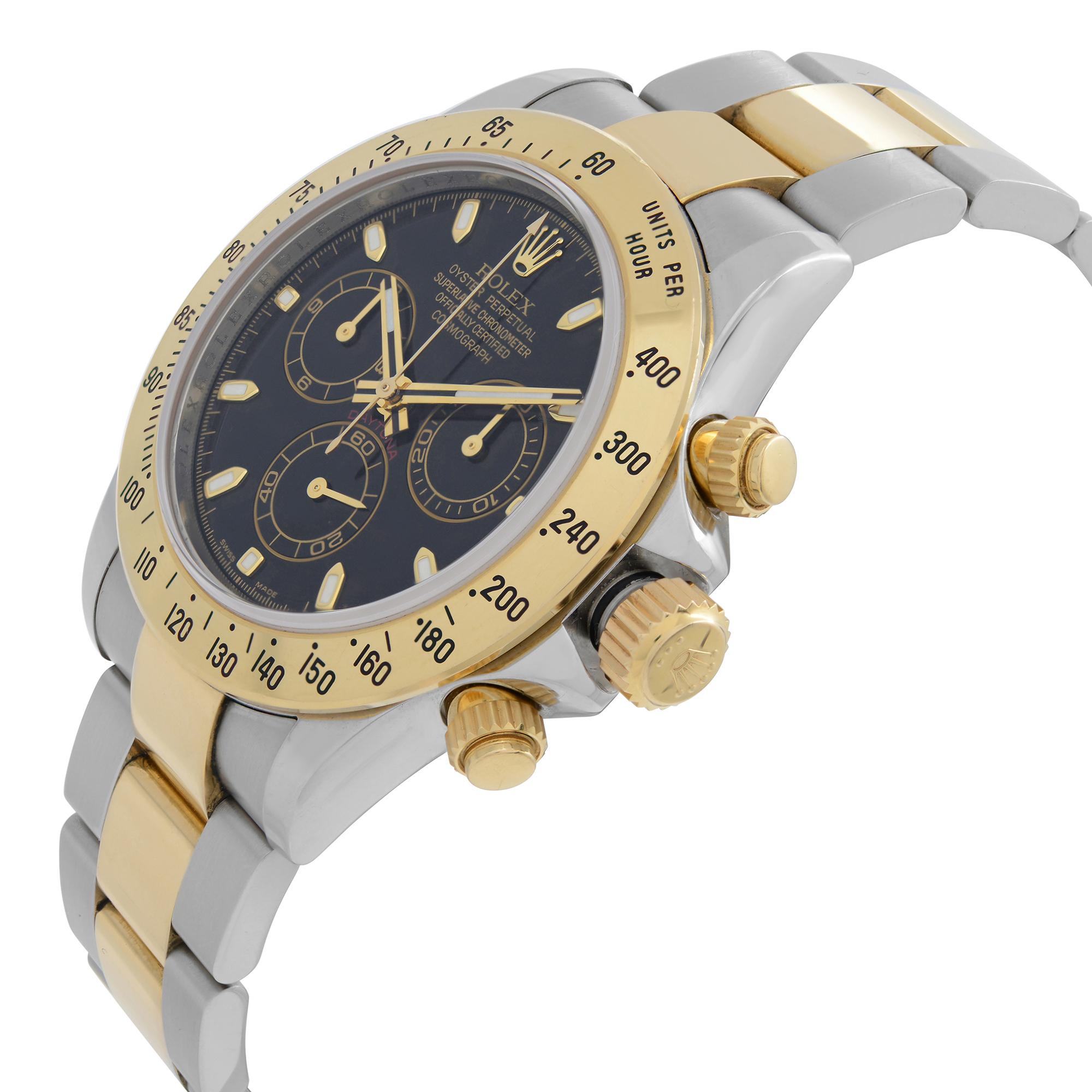 Rolex Daytona 18K Yellow Gold Steel Black Dial Automatic Men's Watch 116523 In Good Condition For Sale In New York, NY