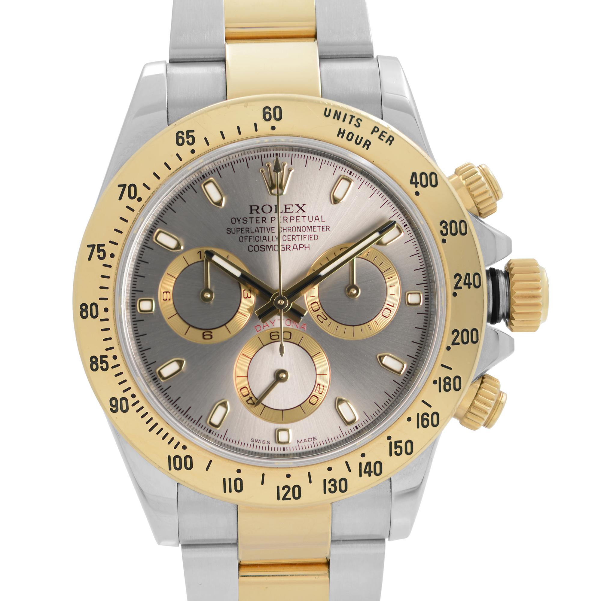 Pre Owned Rolex Daytona 18K Yellow Gold Steel Grey Dial Automatic Men's Watch 116523. G-Series. This Beautiful Timepiece is Powered by Mechanical (Automatic) Movement And Features: Round Stainless Steel Case, Fixed 18k Gold Bezel with Tachymeter