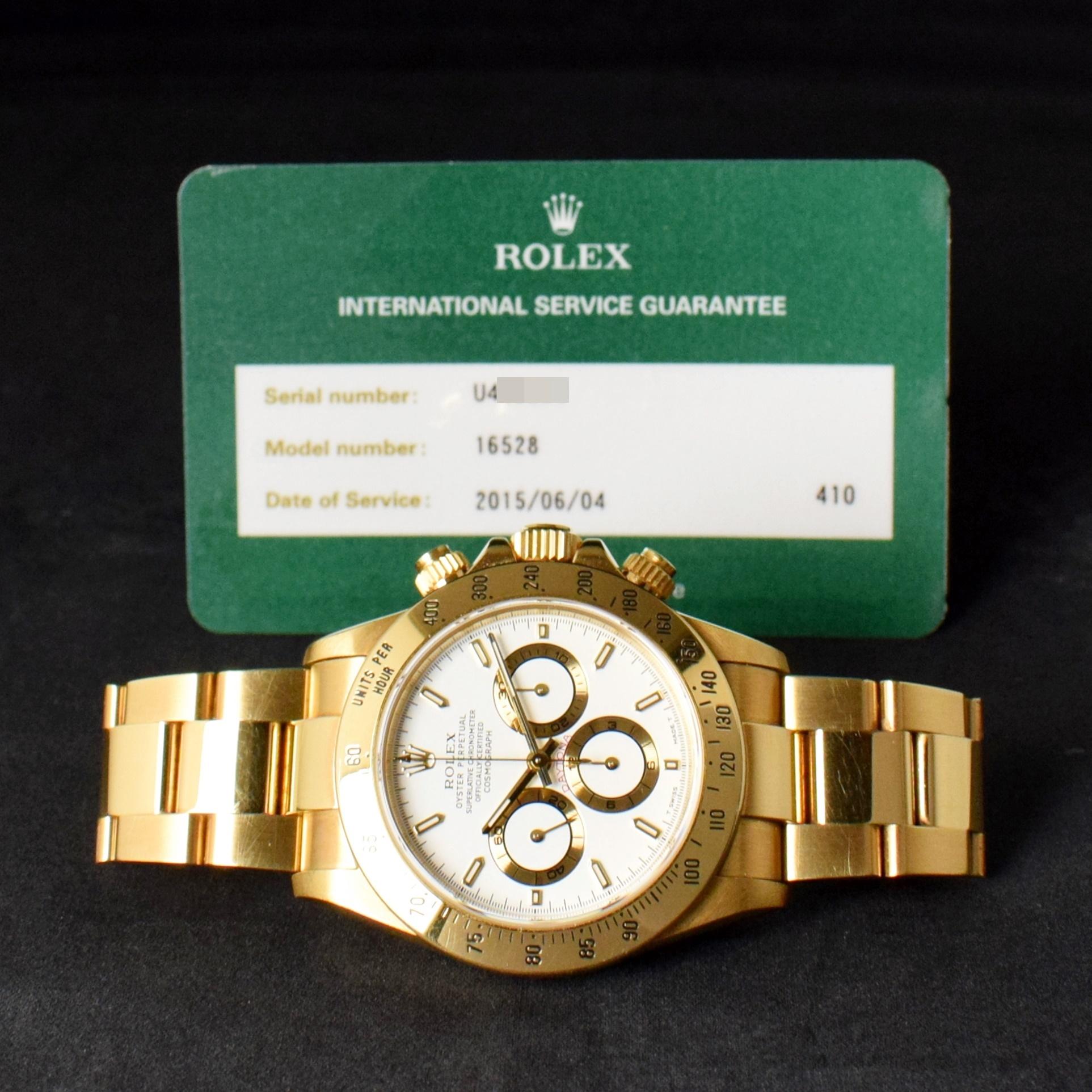 Brand: Rolex
Model: 16528
Year: 1997
Serial number: U4xxxxx
Reference: C03709
Case: 18K Yellow Gold case shows sign of wear with slight polish from previous; inner case back stamped 16500
Dial: Excellent Condition Tritium White Dial w/ matching
