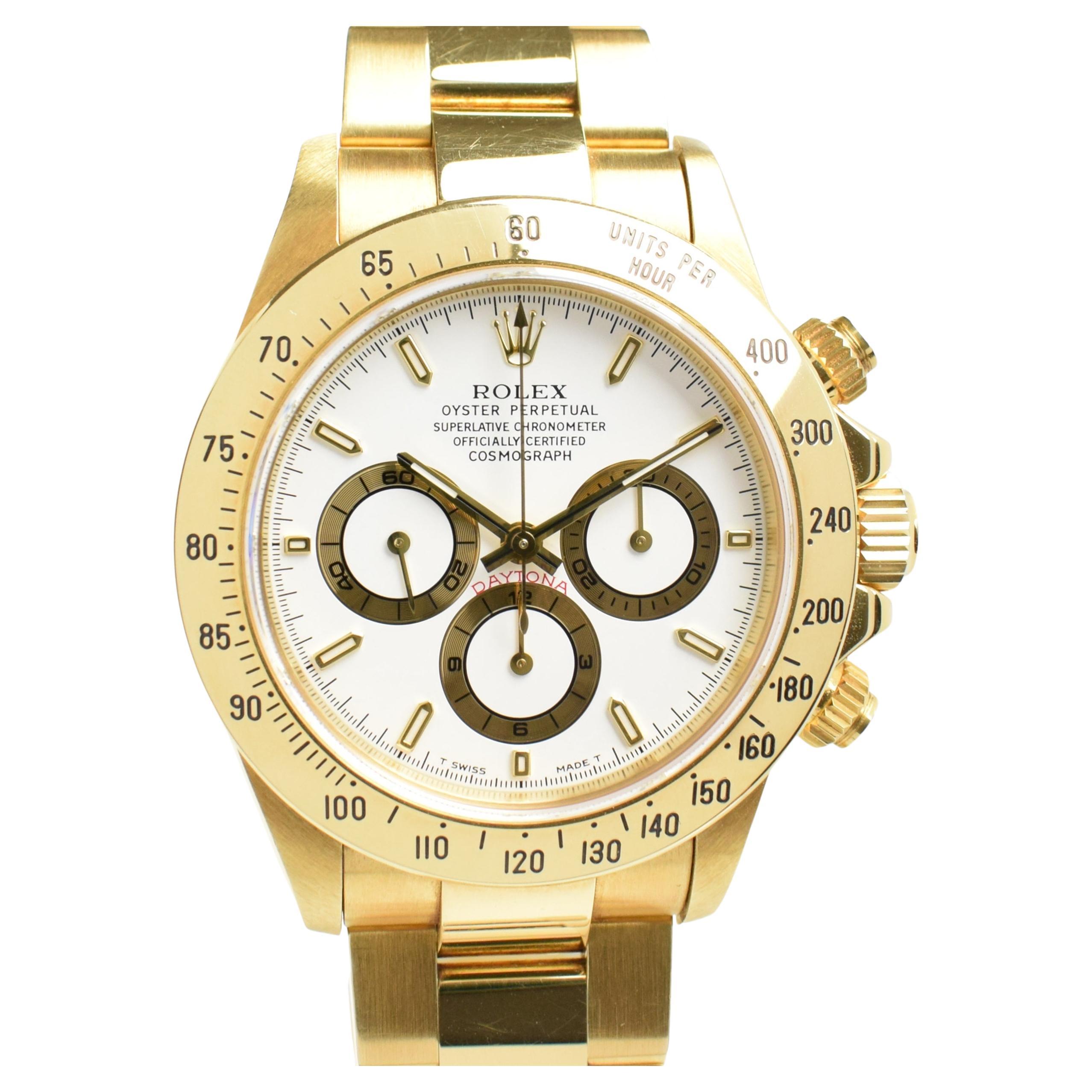 Rolex Daytona 18K Yellow Gold White Dial 16528 Cosmograph Chronograph Watch 1997 For Sale