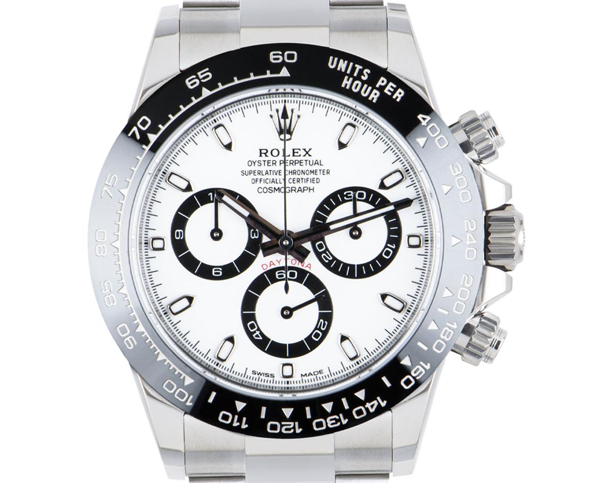 An unworn Cosmograph Daytona from Rolex in stainless steel with the highly desired white dial. Featuring a black ceramic bezel with a molded tachymetric scale, three counters and pushers, the Daytona can be used as the ultimate timing tool for