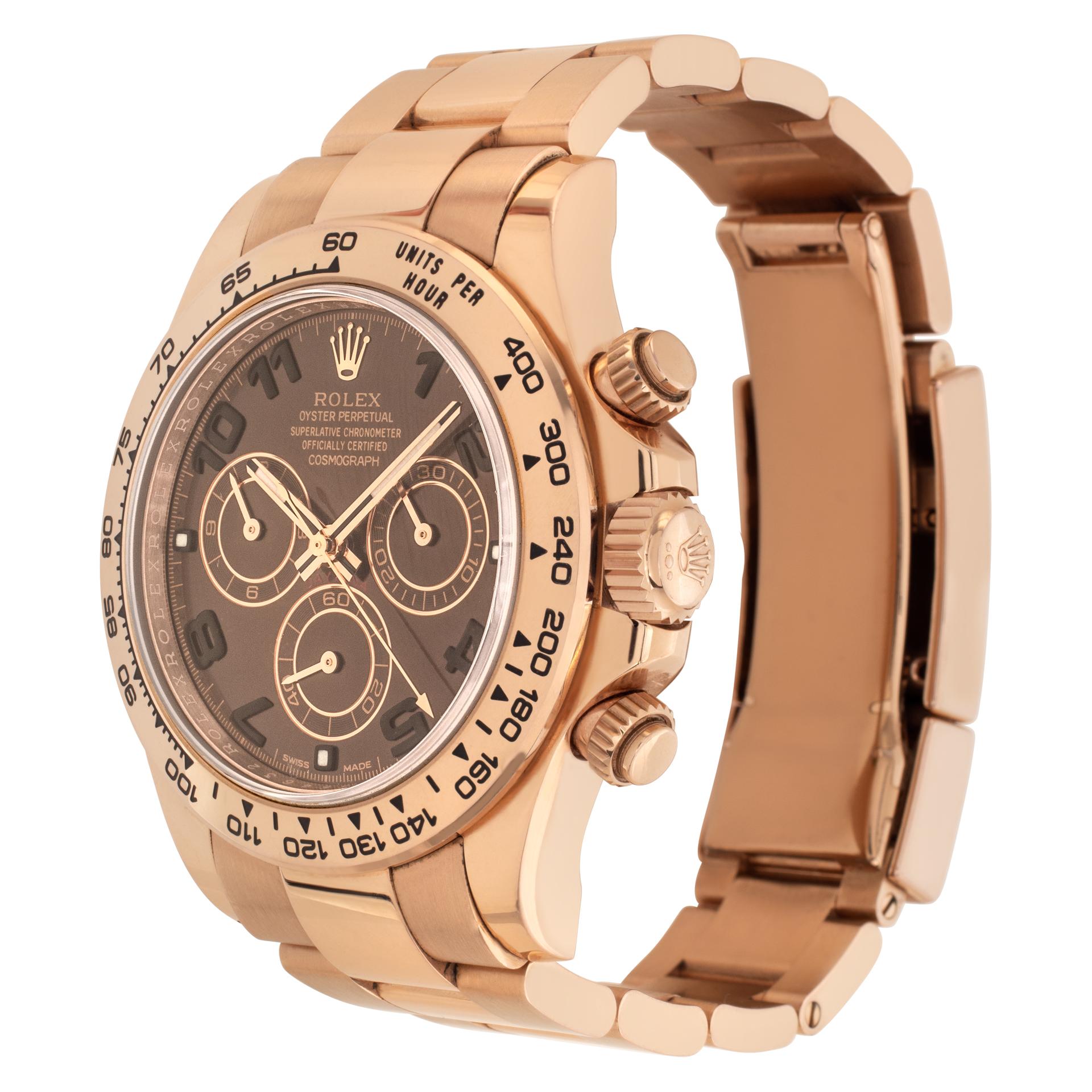 Rolex Daytona in 18k Everose gold with with collectible Racing chocolate dial. Auto w/ sweep seconds, date and chronograph. 40 mm case size. With box and papers. Ref 116505. Circa 2015 **Bank wire only at this price** Fine Pre-owned Rolex Watch.