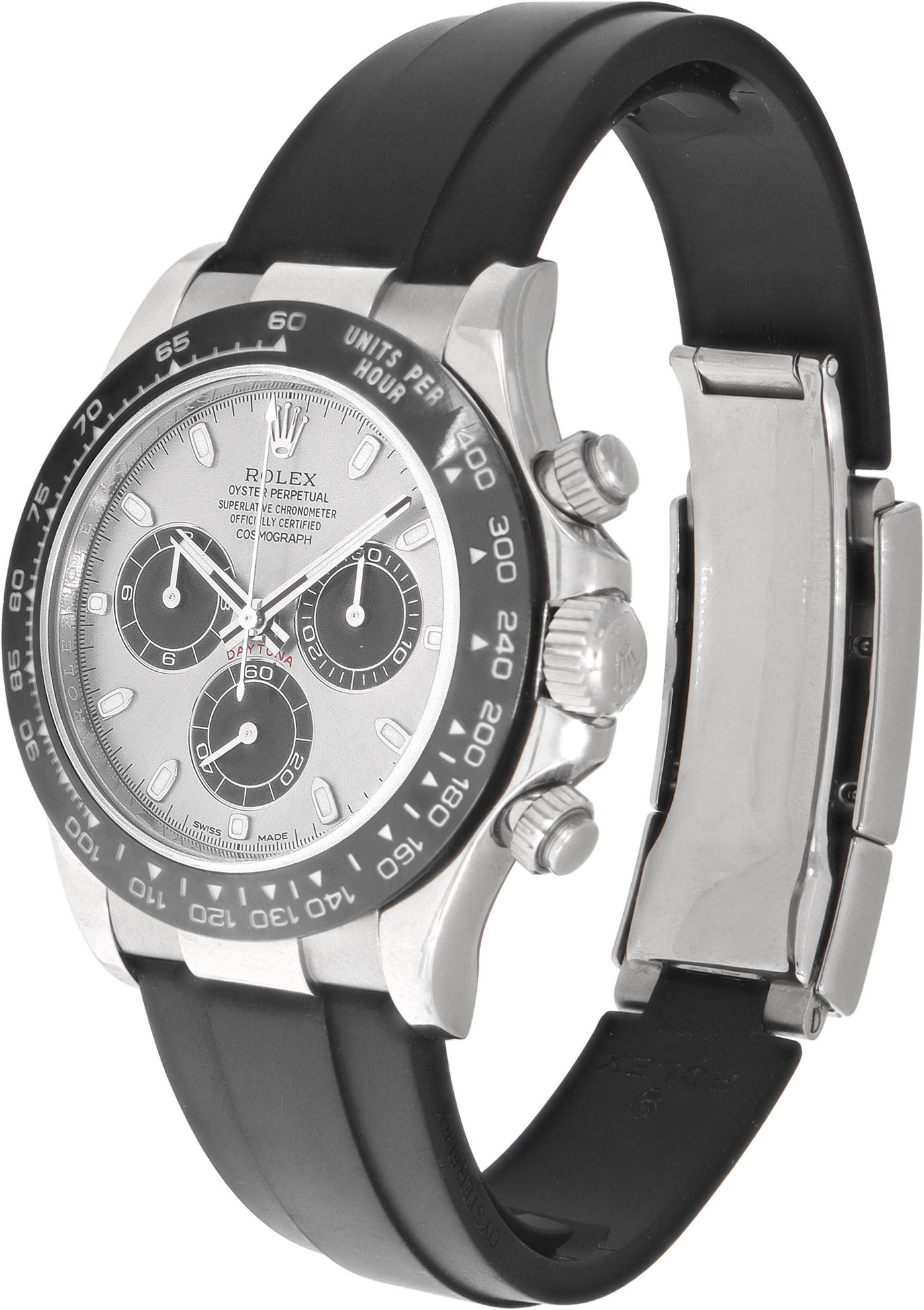 Rolex Daytona Oysterflex in 18k white gold. Auto w/ chronograph. 40 mm case size. With box and papers. Serviced in 2023 by Rolex and comes with Rolex service card. Ref 116519LN. Circa 2018 *Bank wire only at this price* Fine Pre-owned Rolex Watch.

