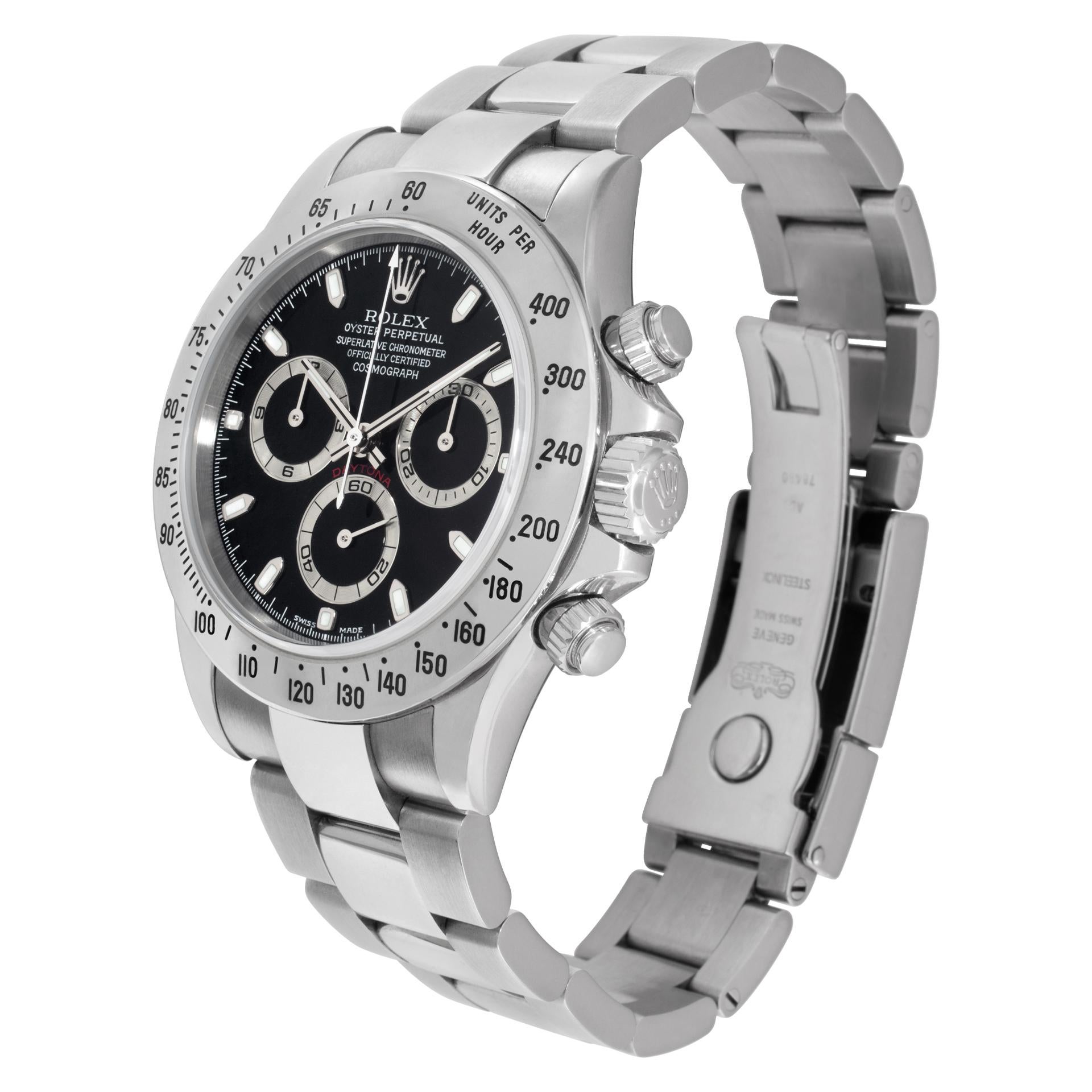 Rolex Daytona in stainless steel with black dial. Auto w/ subseconds and chronograph. 40 mm case size. CIrca 2002. Ref 116520. **Bank Wire only at this price** Fine Pre-owned Rolex Watch. Certified preowned Sport Rolex Daytona 116520 watch is made