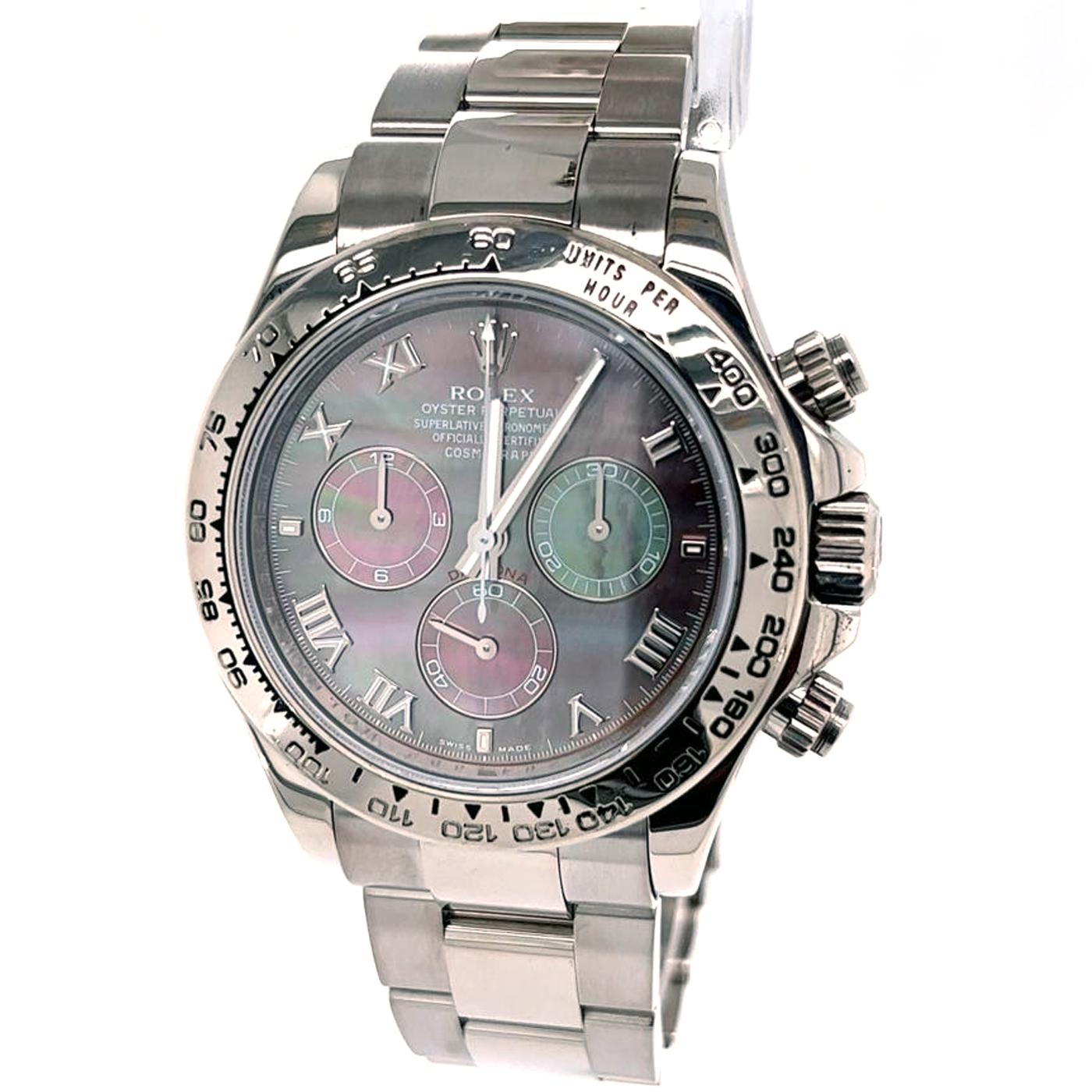 Rolex Daytona in 18k white gold with the black mother-of-pearl Roman dial. This Rolex watch has a 40mm case in solid 18k white gold with a white gold Tachymeter bezel, an original Rolex black mother-of-pearl dial with Roman numeral number markers,