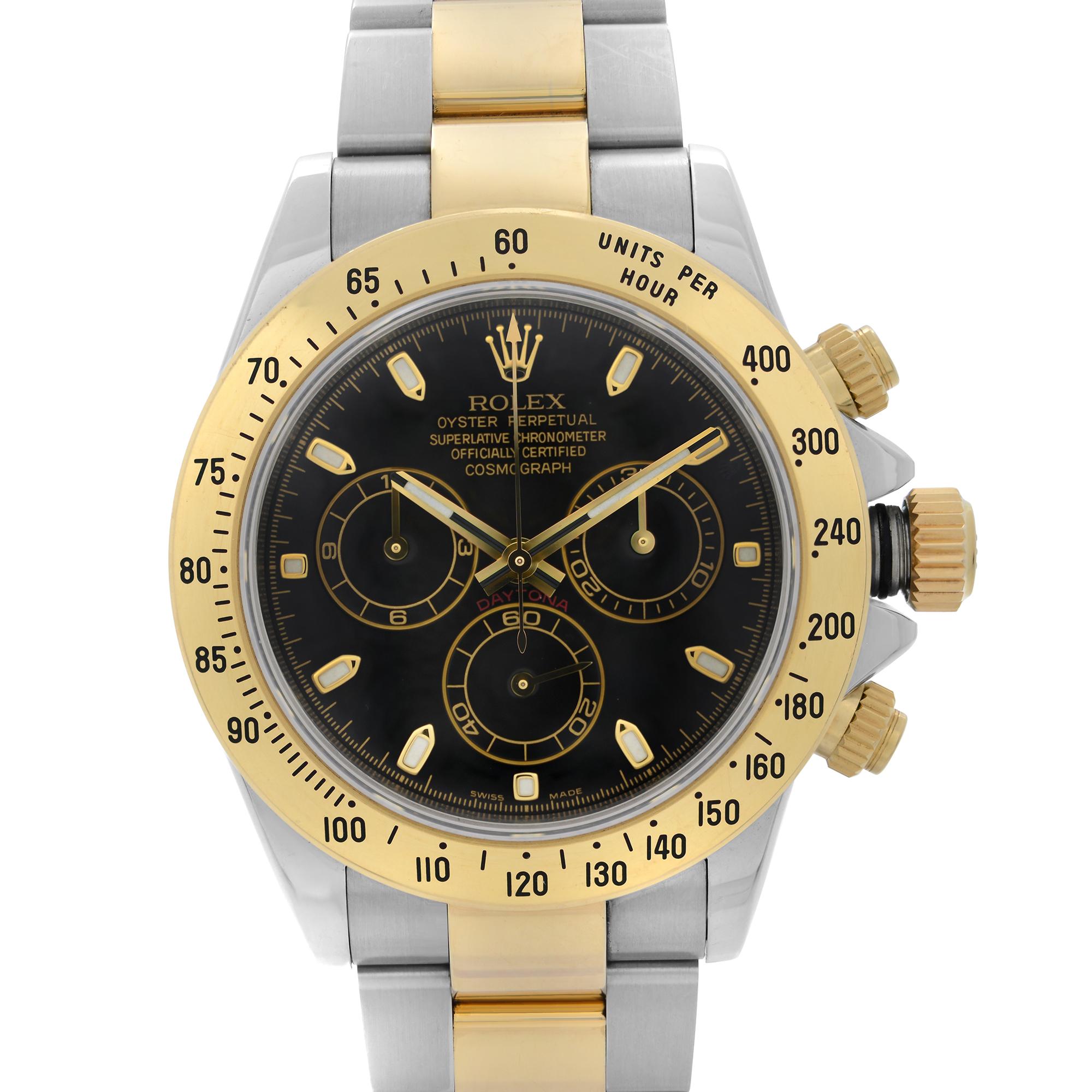 Pre-Owned Rolex Daytona 40 mm 18K Yellow Gold Stainless Steel Black Dial Automatic Men's Watch 116523. Open Name and Open Date card. Engraved V-series. The watch was produced in 2009.  New Style Buckle. The Watch is powered by an Automatic Movement