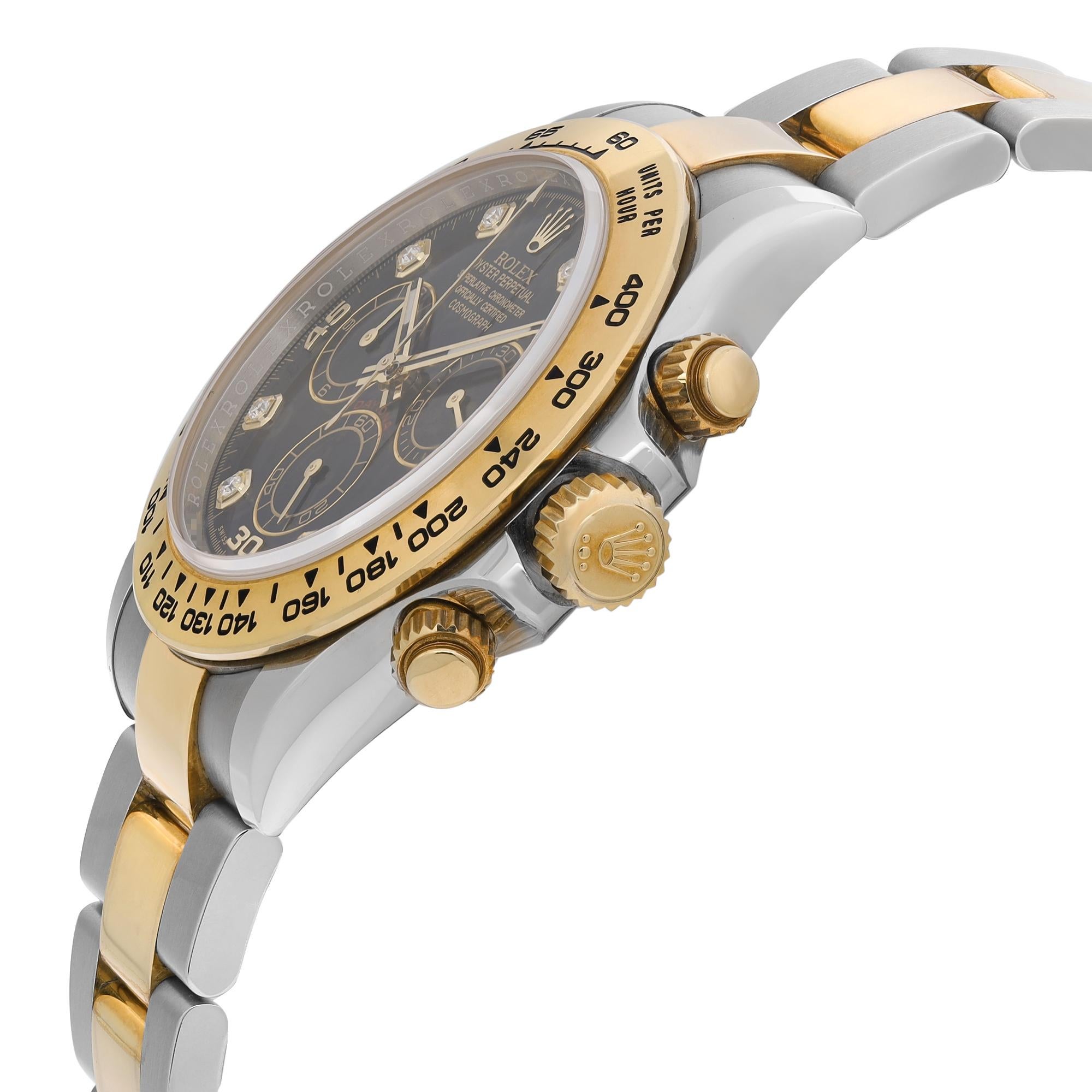 Rolex Daytona 40mm 18K Yellow Gold Steel Diamond Black Dial Mens Watch 116503 In Excellent Condition For Sale In New York, NY