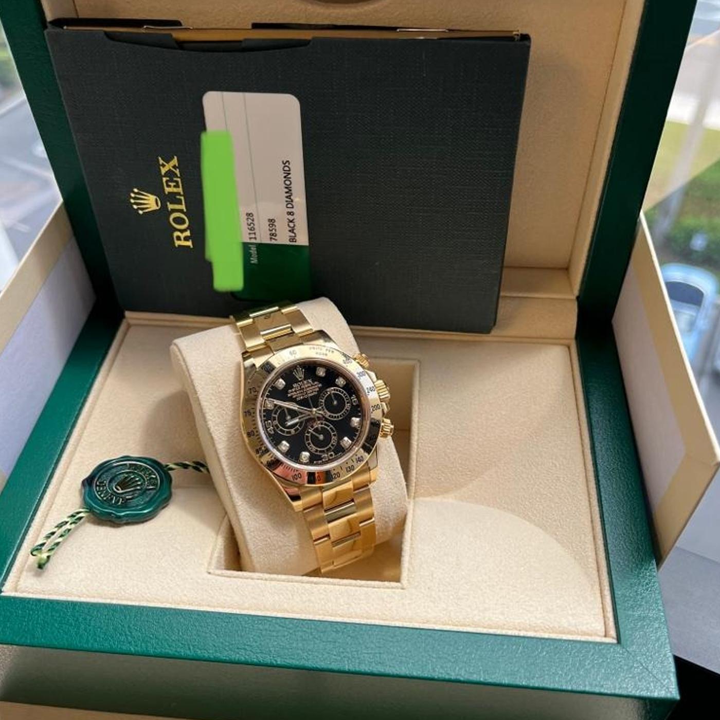 Rolex Daytona Chronograph 18k Yellow Gold Diamond Black Dial Watch 116528 For Sale 2