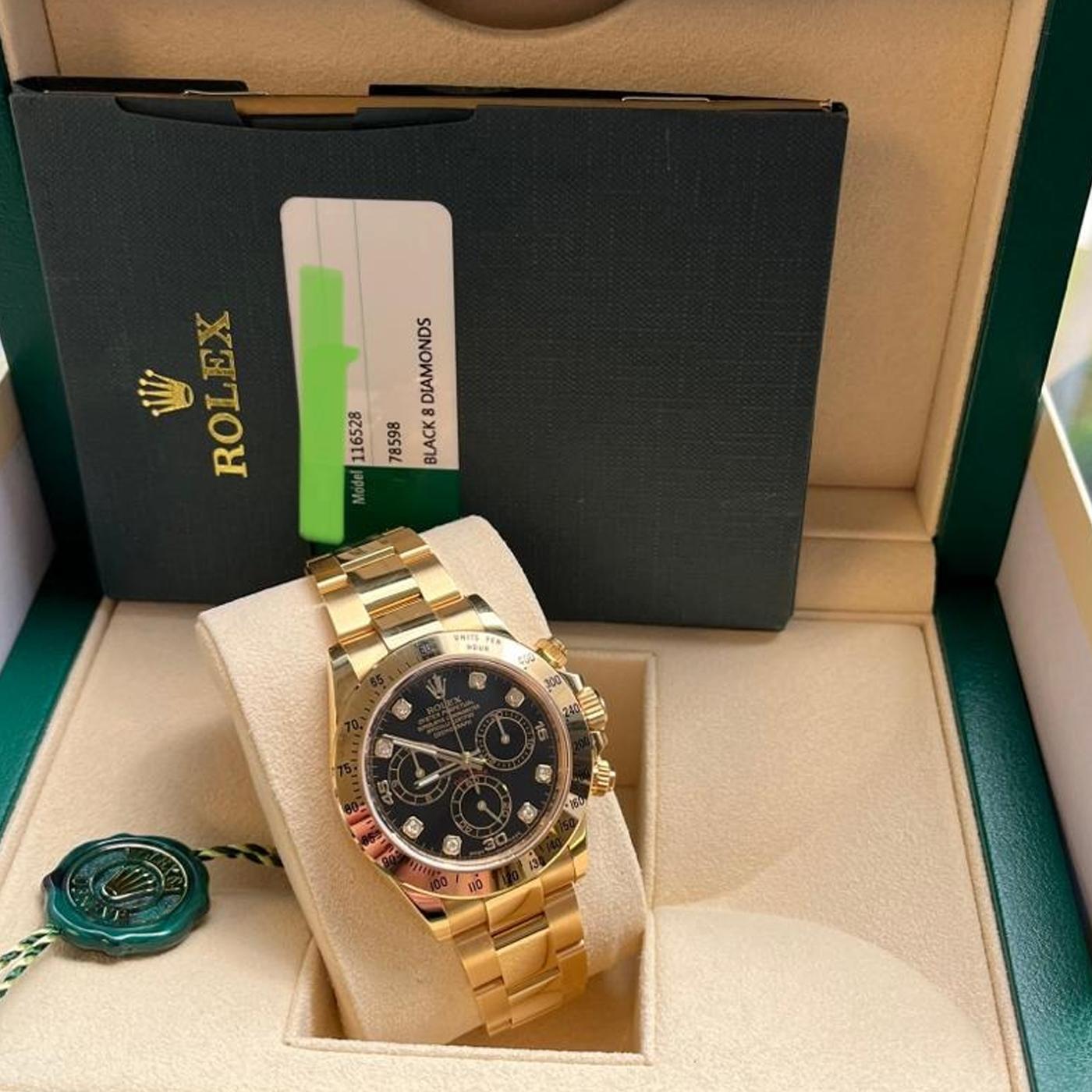 Rolex Daytona Chronograph 18k Yellow Gold Diamond Black Dial Watch 116528 For Sale 4