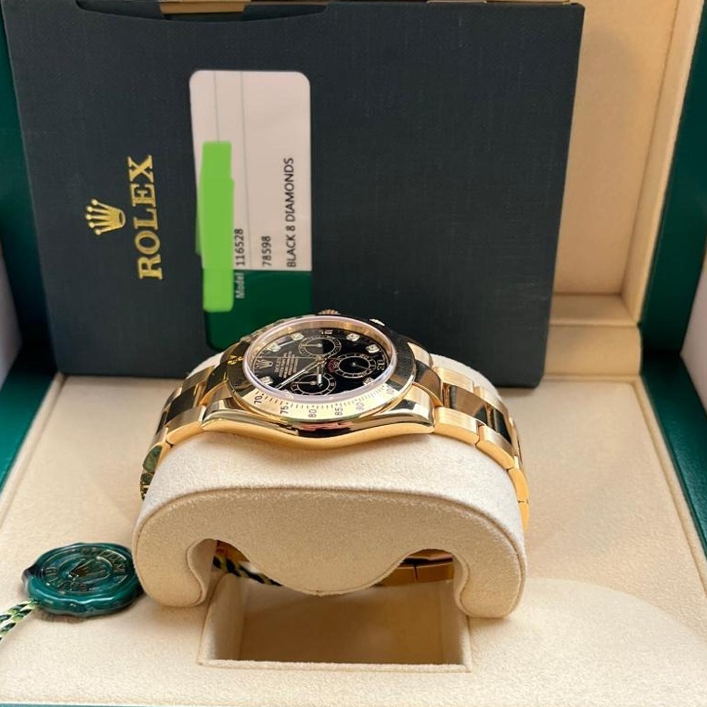 Rolex Daytona Chronograph 18k Yellow Gold Diamond Black Dial Watch 116528 For Sale 6