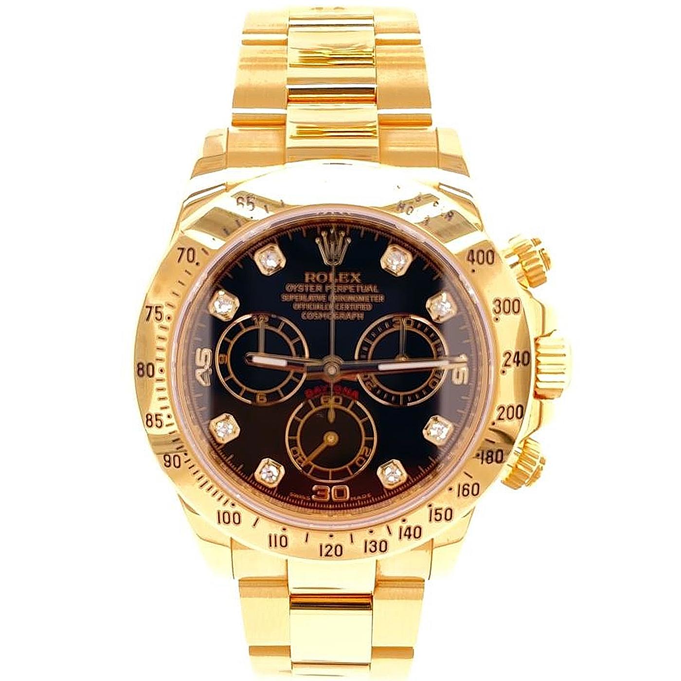 The Rolex Daytona 116528 is the all-gold variation of the Cosmograph Daytona. The particular reference that is presented here is in 18 karats yellow gold finish, a 40mm Oyster case with polished lugs, a three-link Oyster bracelet with polished