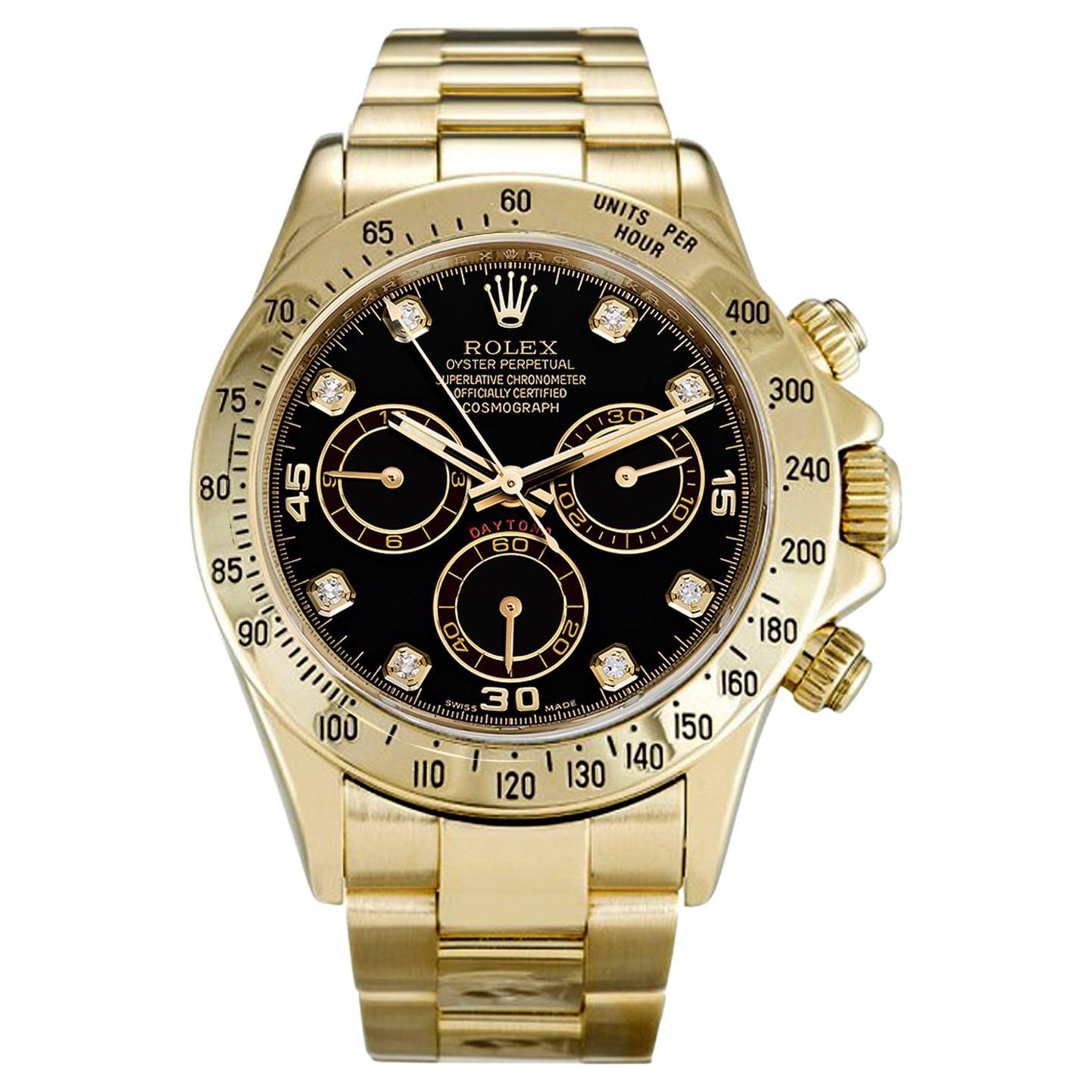 Rolex Daytona Chronograph 18k Yellow Gold Diamond Black Dial Watch 116528