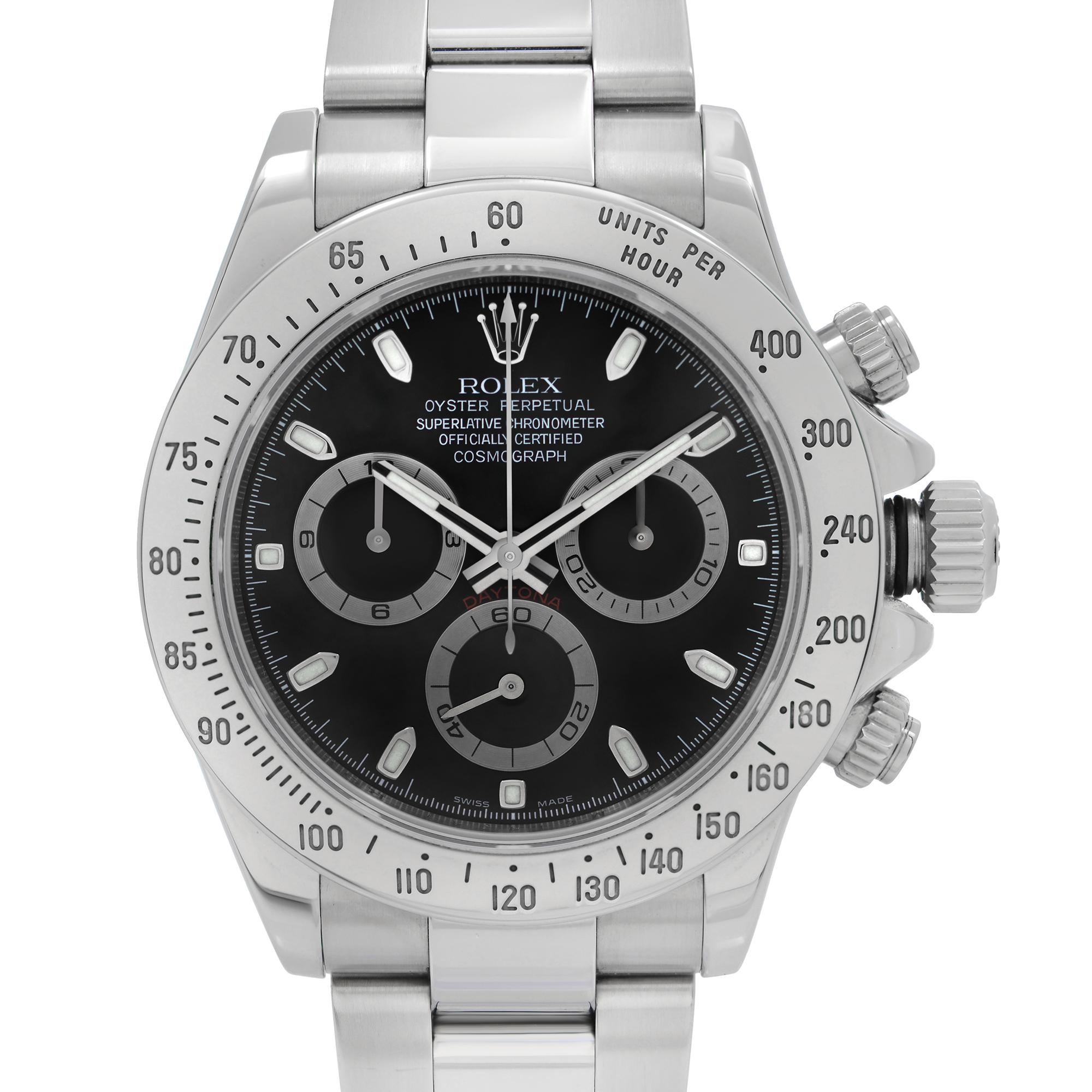 Pre-owned Rolex Daytona 40mm Chronograph Stainless Steel Black Dial Automatic Men's Watch 116520. The Watch is powered by an Automatic Movement and Features: Polished Steel Round Case and Oyster Bracelet. Fixed Steel Bezel with Tachymetric Scale