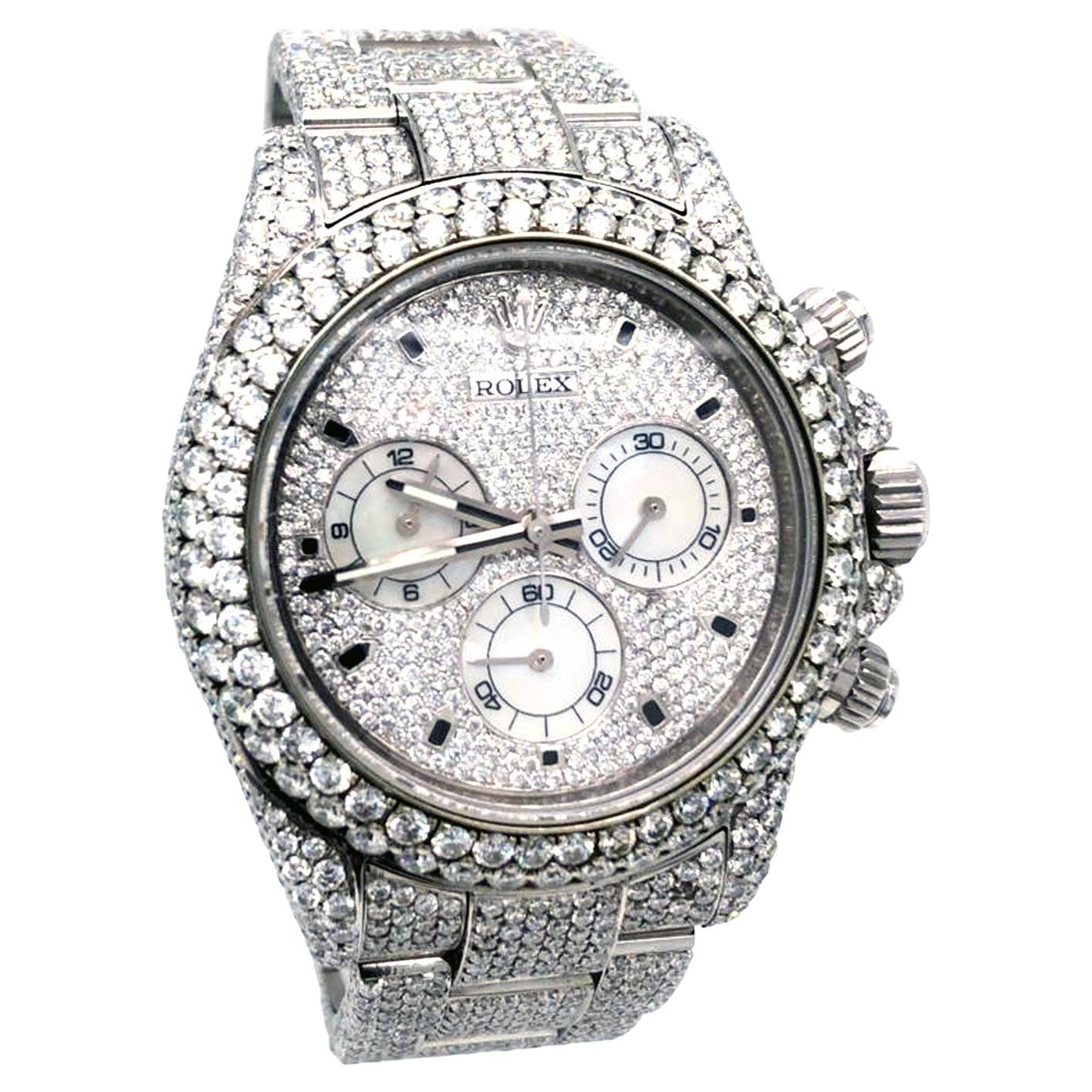 Rolex Daytona Custom Mother of Pearl Diamond Pave Dial Steel Watch 116520 For Sale