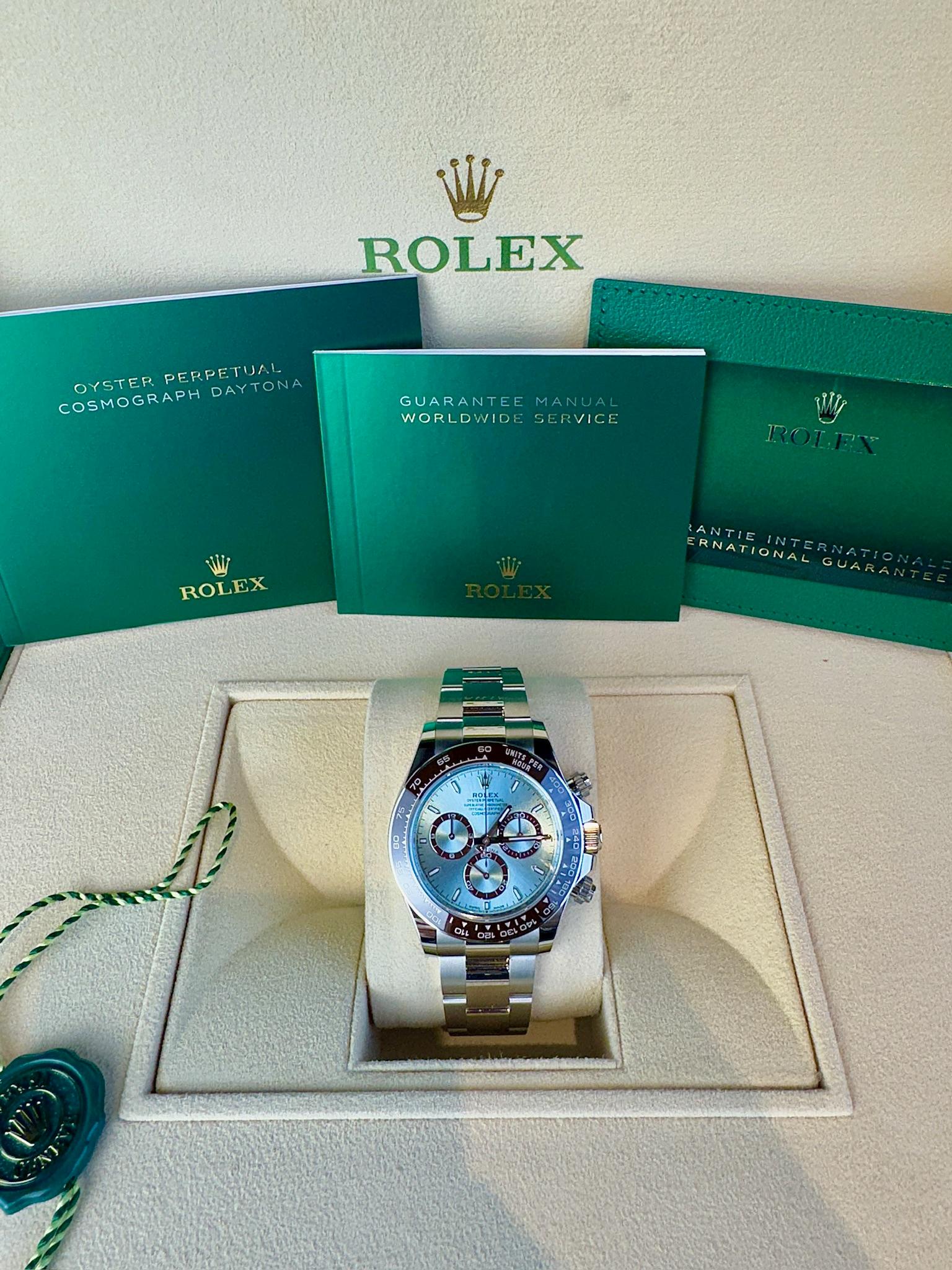 Rolex Daytona 40mm Ice Blue Dial Brown Bezel Platinum 2019 Style: 116506 In Excellent Condition For Sale In Beverly Hills, CA
