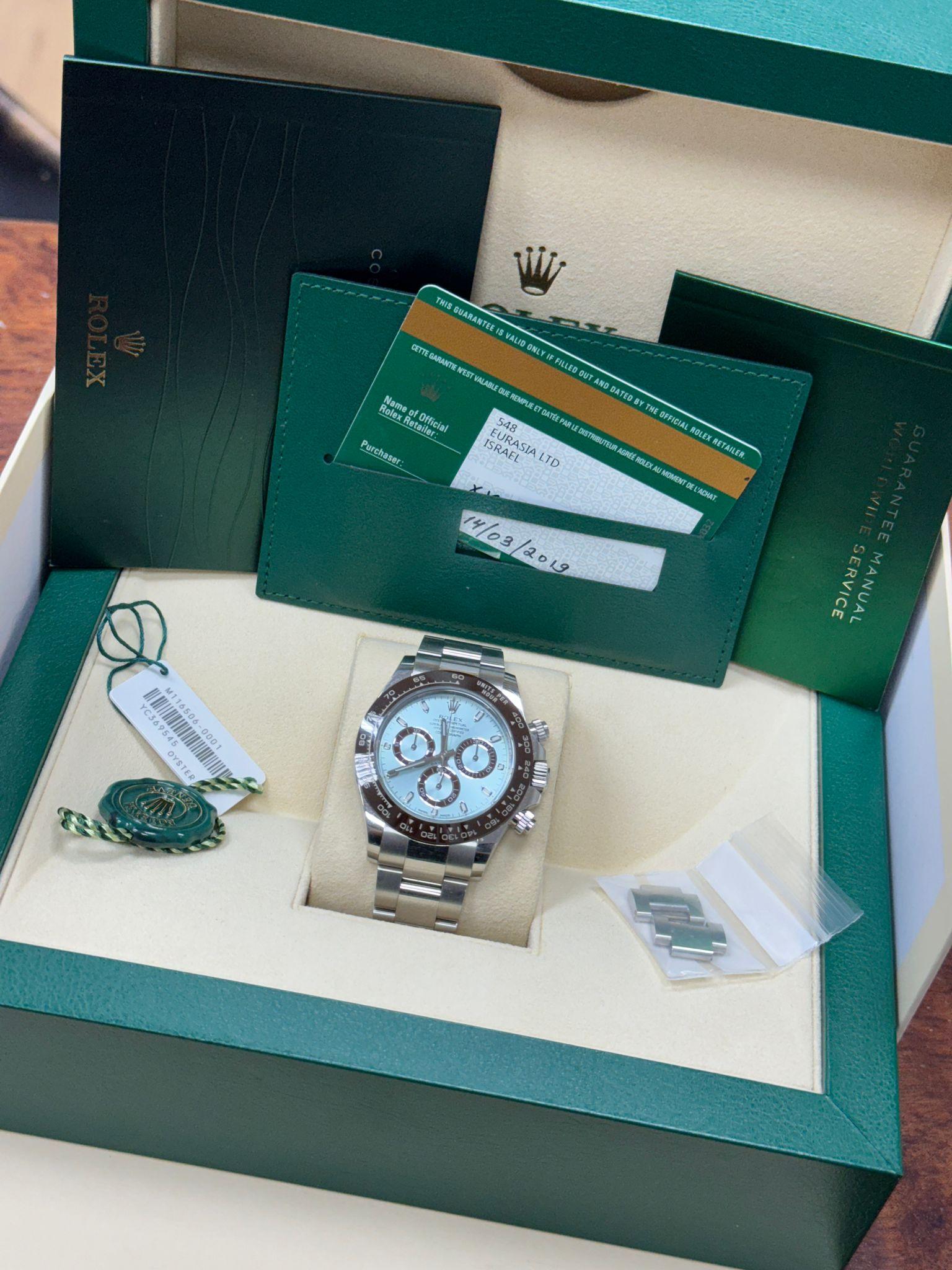 Rolex Daytona 40mm Ice Blue Dial Brown Bezel Platinum 2019 Style: 116506 For Sale 4