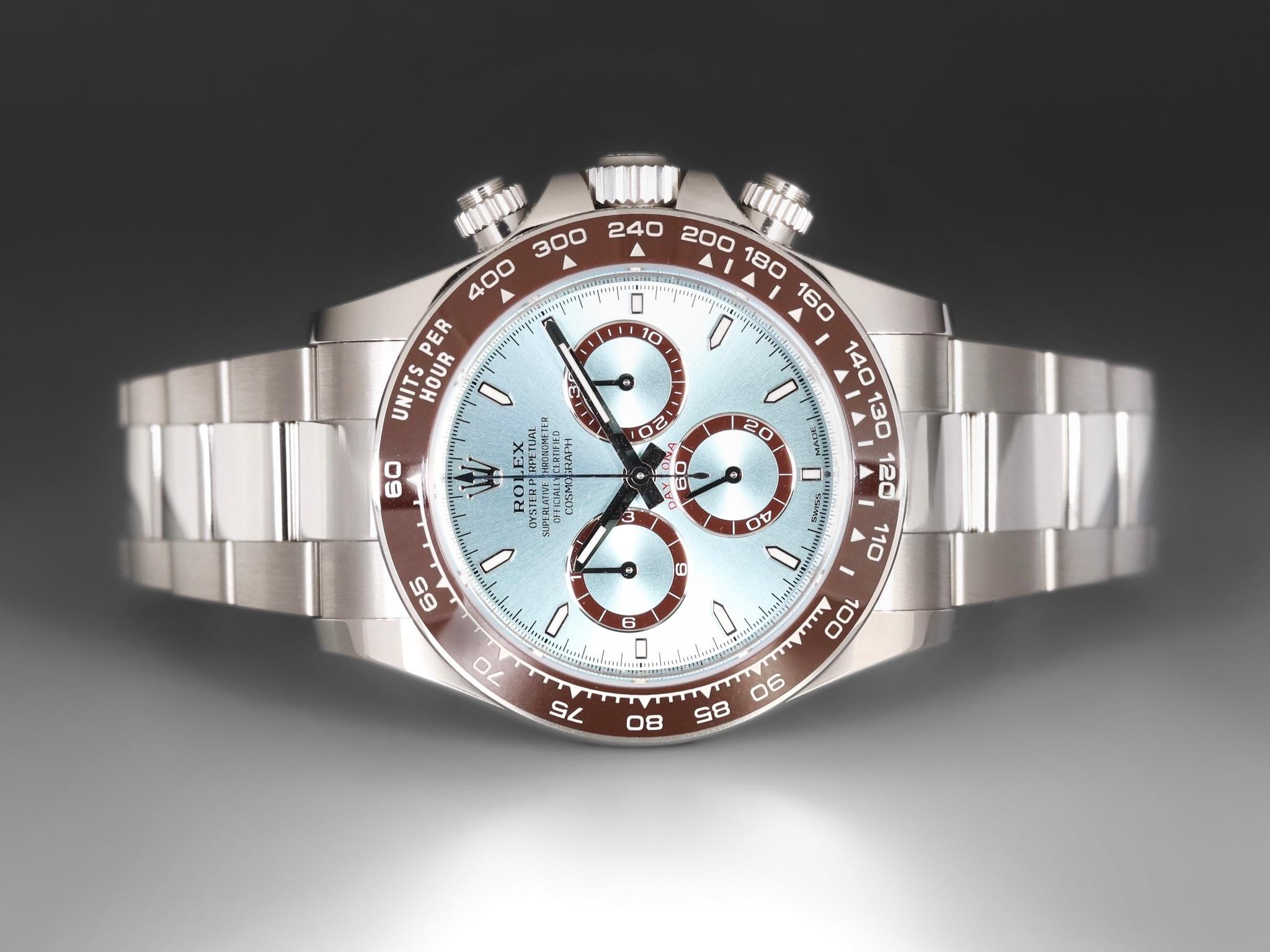 UnwornWatches proudly presents the Rolex Daytona 40mm Platinum with Ice Blue Dial and Brown Ceramic Bezel, a 2024 release that showcases Rolex's dedication to elegance and innovation. Crafted in luxurious platinum, this Daytona features a