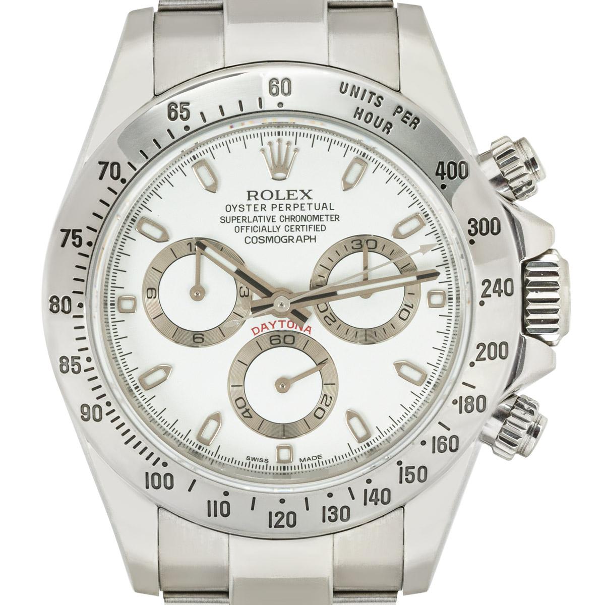 A Daytona in Oystersteel by Rolex, featuring a unique APH error white dial. With an engraved tachymetric scale, three counters and pushers; the Daytona was designed to be the ultimate timing tool for endurance racing drivers.

The Oyster bracelet is