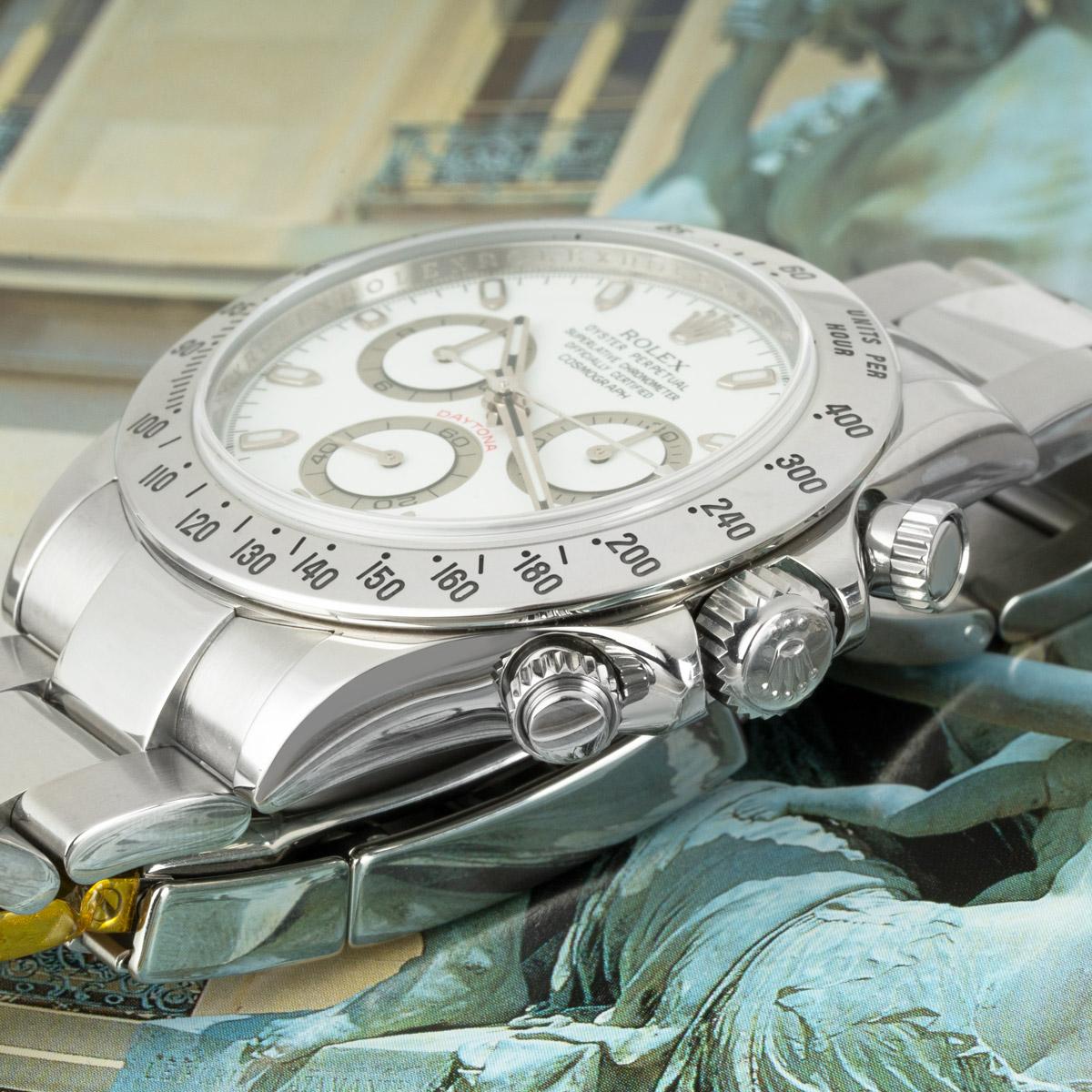 A Daytona in Oystersteel by Rolex, featuring a unique APH error white dial. With an engraved tachymetric scale, three counters and pushers; the Daytona was designed to be the ultimate timing tool for endurance racing drivers.

The Oyster bracelet is