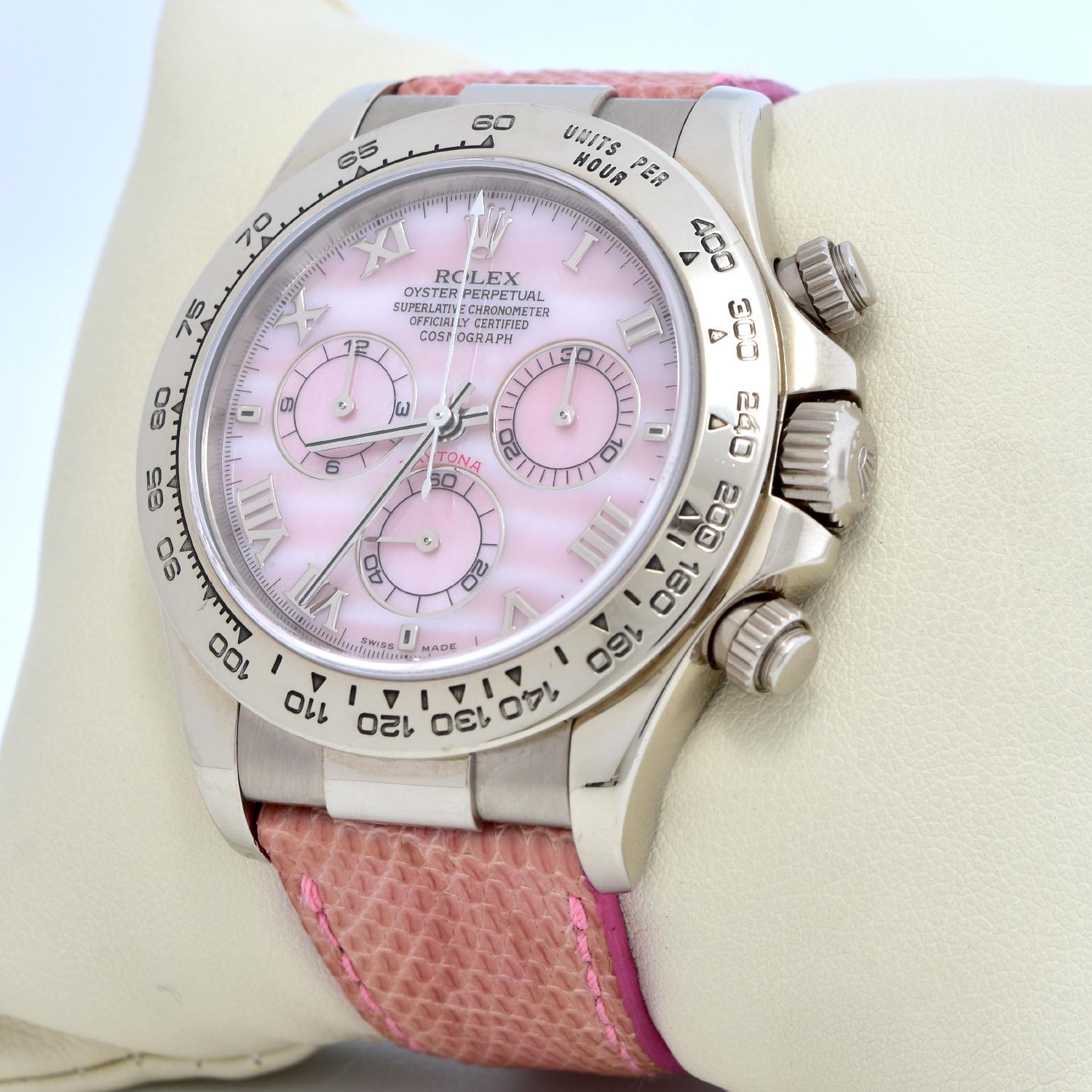 Case: Fantastic 40mm white gold case

Dial: Gorgeous and rare pink mother of pearl Daytona Beach iteration.

Bracelet: Fitted on a pink leather Rolex strap put together by a Rolex white gold deployment

Accessories: Box

Notes: Highly sought after