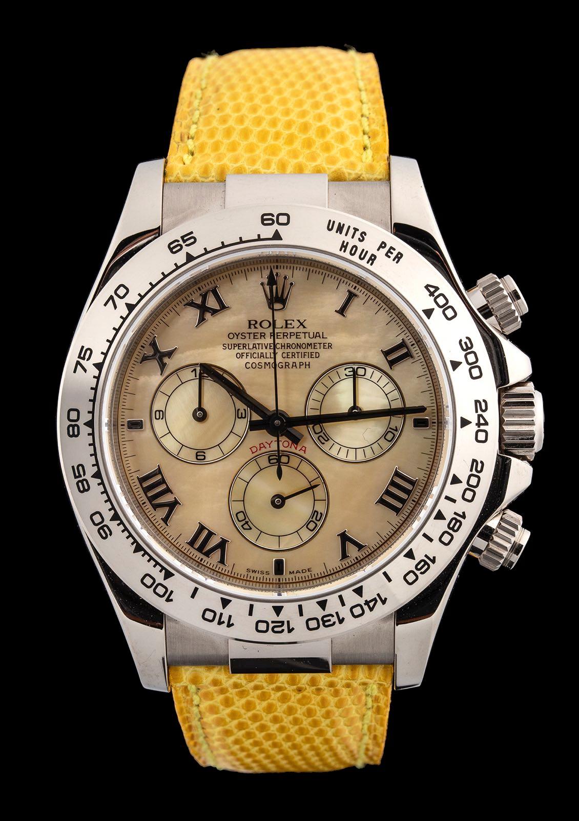 Brand: Rolex
Model Name: Daytona “Beach”
Reference: 116519
Metal:  White Gold
Metal Purity: 18k
Stone: Yellow Mother of Pearl
Case Size:  40 mm
Case Back: Solid
Strap: Yellow Lizard Leather
Hour Markers:  Roman Numerals
Features: Hours, Minutes,