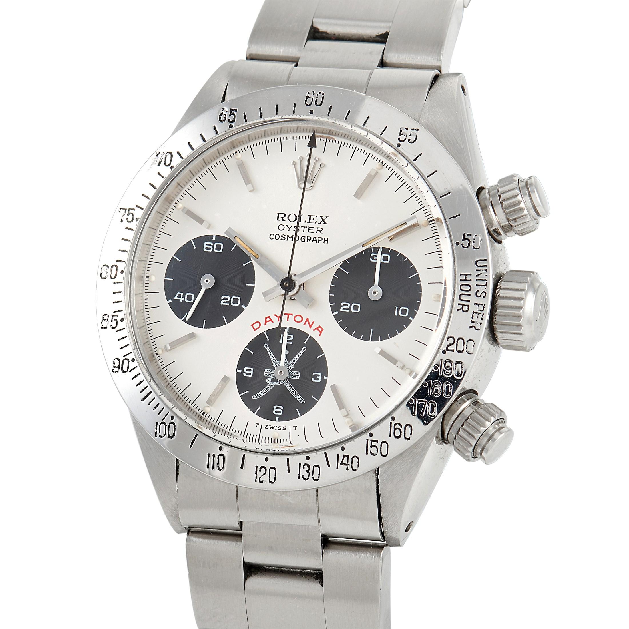 The Rolex Big Red Daytona Chronograph Watch, reference number 6265, is a vintage timpiece that proves exceptional luxury never goes out of style. 

Clean and classic, this timepiece pairs a 37mm stainless steel case with a bold white dial that comes