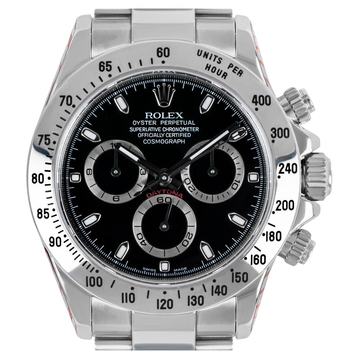 A predecessor to the 116500LN, this stainless steel Cosmograph Daytona by Rolex features a black dial. Also, featuring an engraved tachymetric scale, three counters and pushers, the Daytona was designed to be the ultimate timing tool for endurance