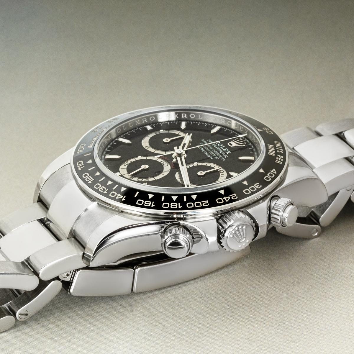 The latest Oystersteel Daytona release from Rolex. Featuring a highly legible black dial and black ceramic bezel, with features including three chronograph counters and a tachymetric scale.

Fitted with a sapphire crystal and a calibre 4131