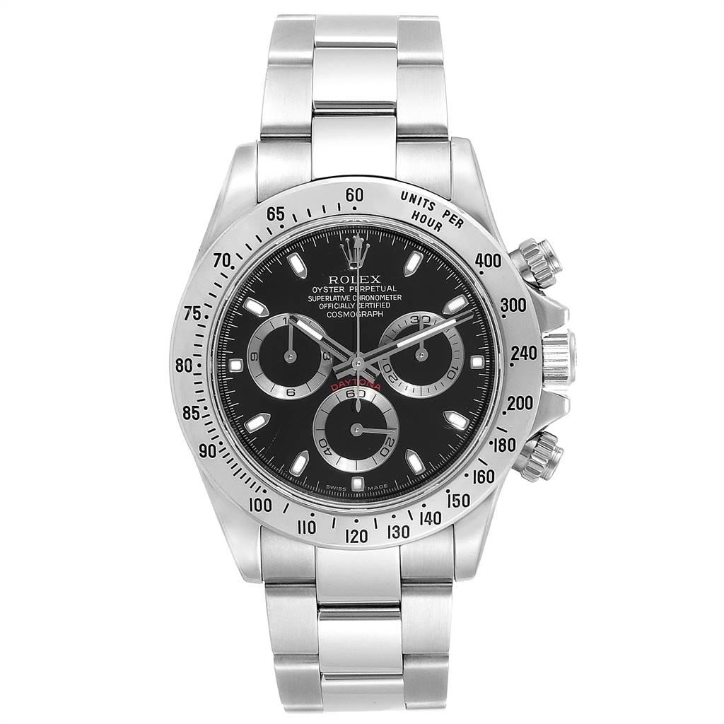 Rolex Daytona Black Dial Chronograph Stainless Steel Mens Watch 116520. Automatic self-winding officially certified chronometer movement. Chronograph function. Stainless steel case 40.0 mm in diameter. Special screw-down push buttons. Stainless