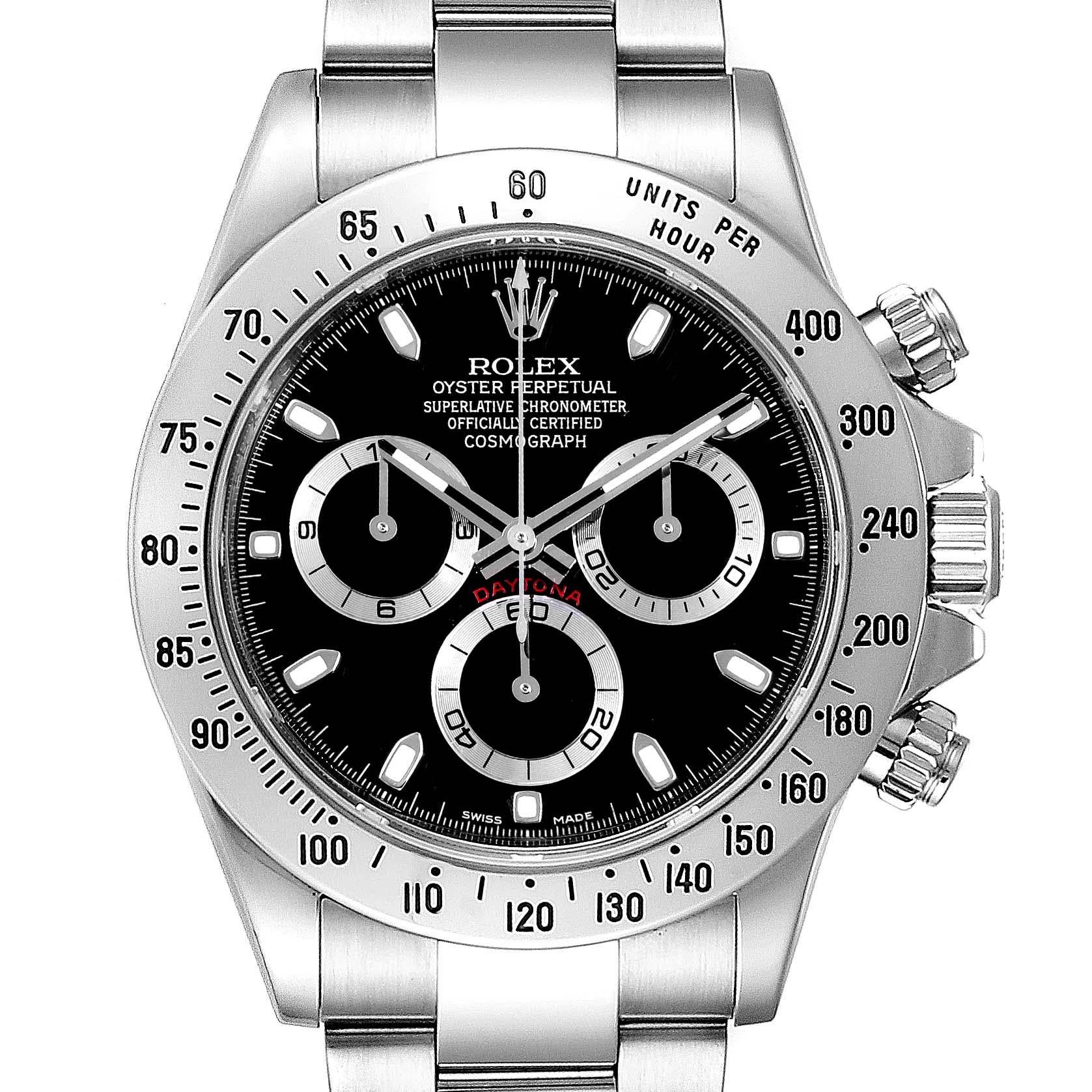 Rolex Daytona Black Dial Chronograph Stainless Steel Mens Watch 116520. Officially certified chronometer self-winding movement. Stainless steel case 40.0 mm in diameter. Special screw-down push buttons. Stainless steel tachymeter engraved bezel.