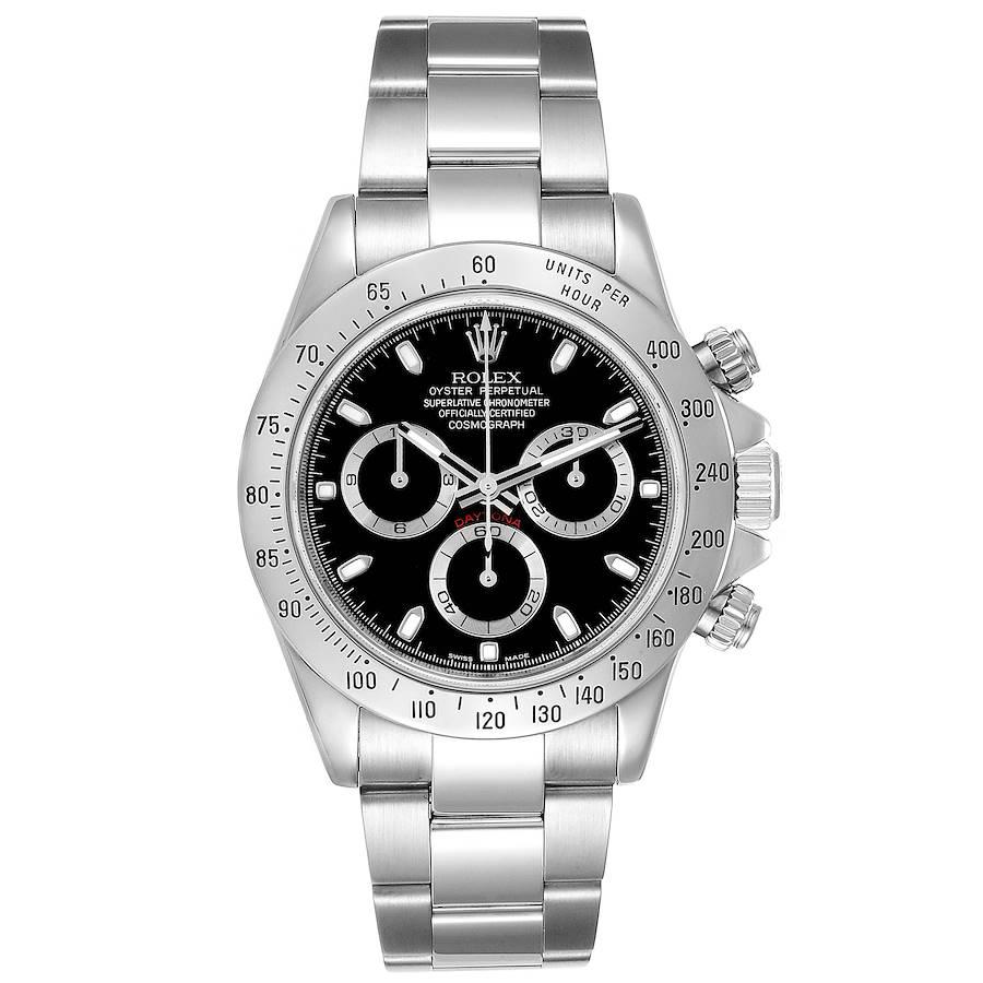 Rolex Daytona Black Dial Chronograph Stainless Steel Mens Watch 116520. Officially certified chronometer self-winding chronograph movement. Stainless steel case 40.0 mm in diameter. Special screw-down push buttons. Stainless steel tachymeter