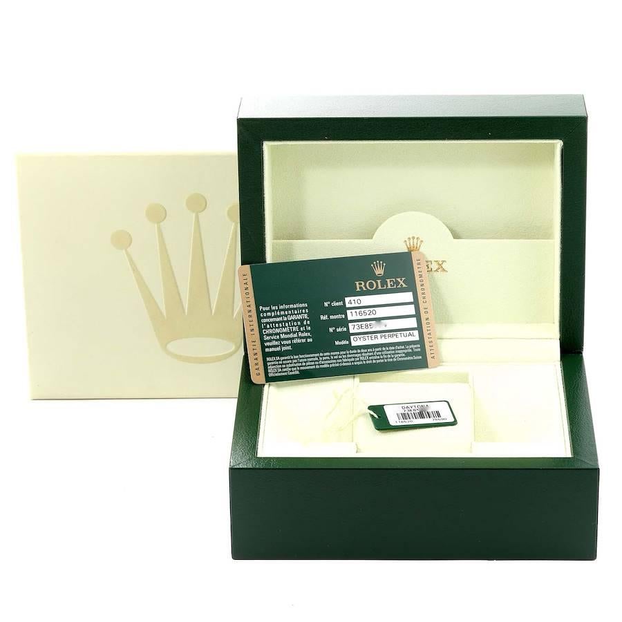 Rolex Daytona Schwarzes Zifferblatt Chronograph Stahl Herrenuhr 116520 Box Card im Angebot 9