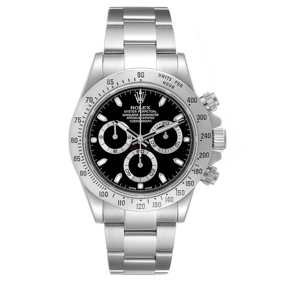 Rolex Daytona Black Dial Chronograph Steel Mens Watch 116520 Box Card. Officially certified chronometer self-winding movement. Stainless steel case 40 mm in diameter. Special screw-down push buttons. Stainless steel tachymeter engraved bezel.