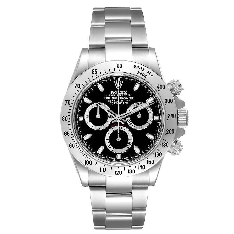 Rolex Daytona Black Dial Chronograph Steel Mens Watch 116520 Box Card. Officially certified chronometer self-winding movement. Stainless steel case 40 mm in diameter. Special screw-down push buttons. Stainless steel tachymeter engraved bezel.