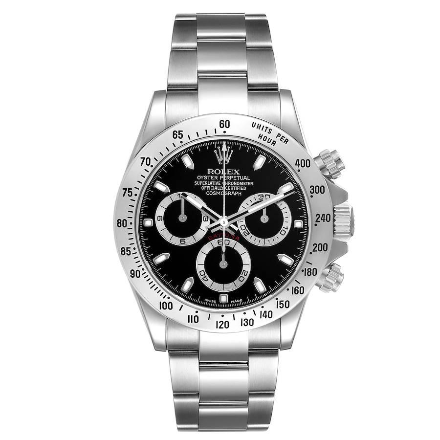 Rolex Daytona Schwarzes Zifferblatt Chronograph Stahl Herrenuhr 116520 Box Card. Offiziell zertifiziertes Chronometerwerk mit automatischem Aufzug. Gehäuse aus rostfreiem Stahl mit einem Durchmesser von 40 mm. Spezielle Drucktasten mit