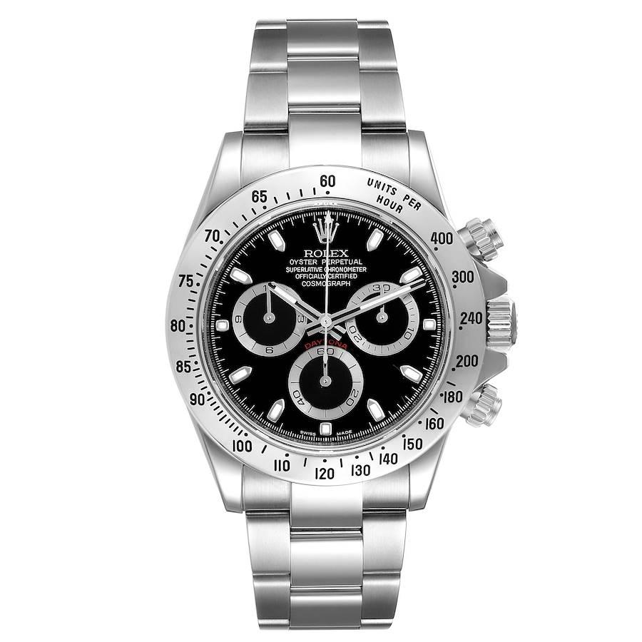 Rolex Daytona Black Dial Chronograph Steel Mens Watch 116520. Officially certified chronometer self-winding movement. Stainless steel case 40 mm in diameter. Special screw-down push buttons. Stainless steel tachymeter engraved bezel. Scratch